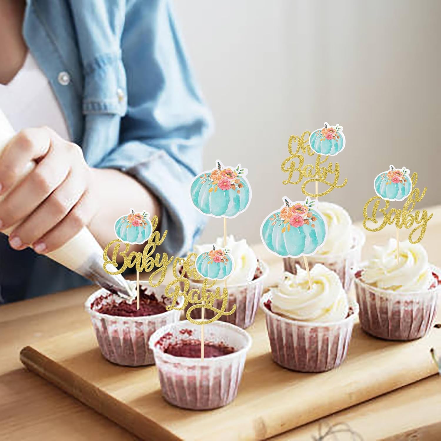 Paquete de 24 adornos para cupcakes de calabaza Oh Baby Baby Reveal de género para baby shower, decoración de cupcakes para calabaza, tema de otoño,