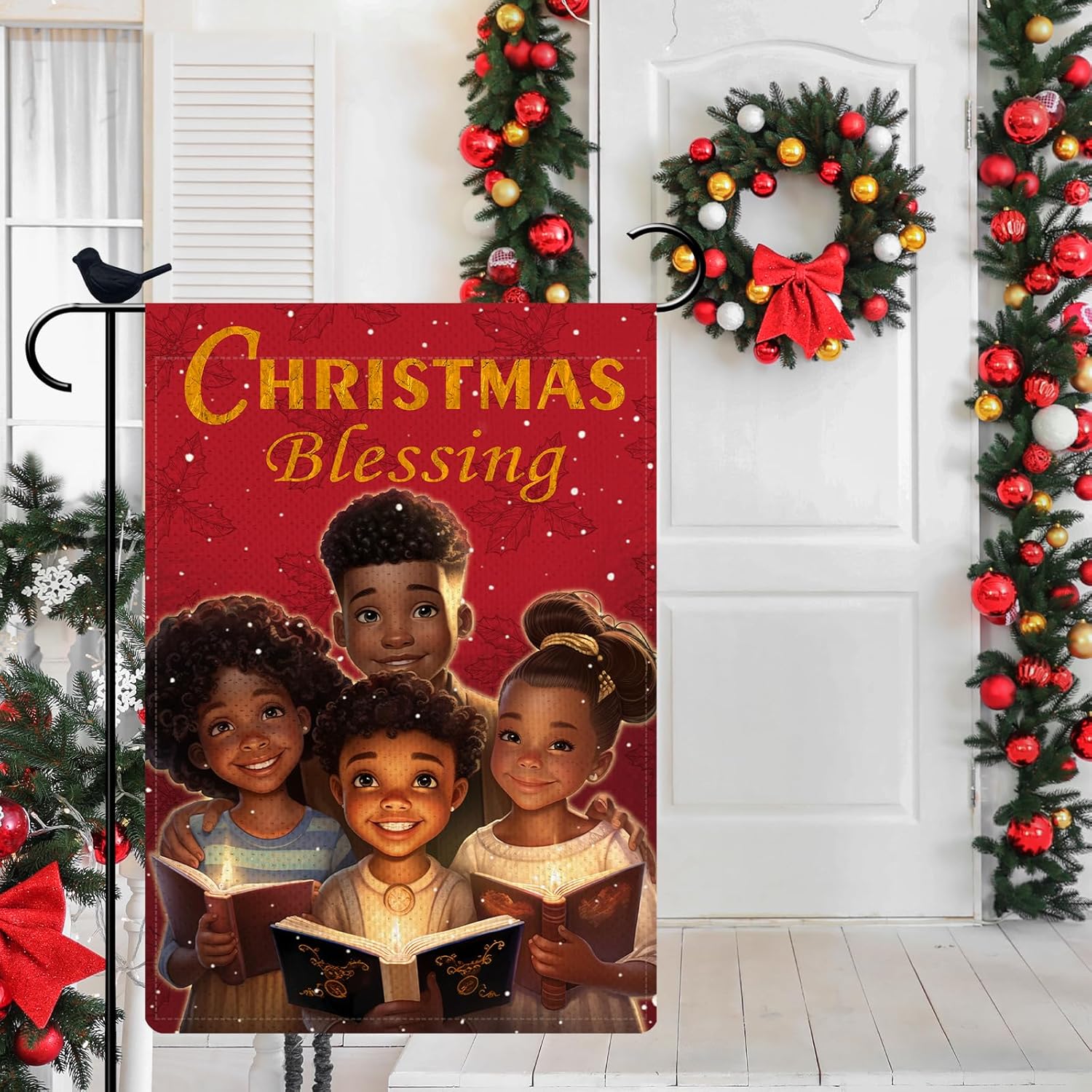 Decoraciones de bendición de niña negra, bandera de jardín de arpillera de feliz Navidad, 12 x 18 pulgadas, doble cara, villancicos de Navidad