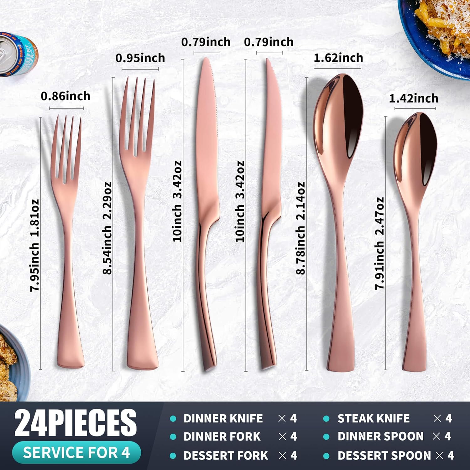 Joincook Juego de cubiertos de 24 piezas de oro rosa con cuchillos de carne para 4, moderno juego de cubiertos de acero inoxidable 1810, juego de