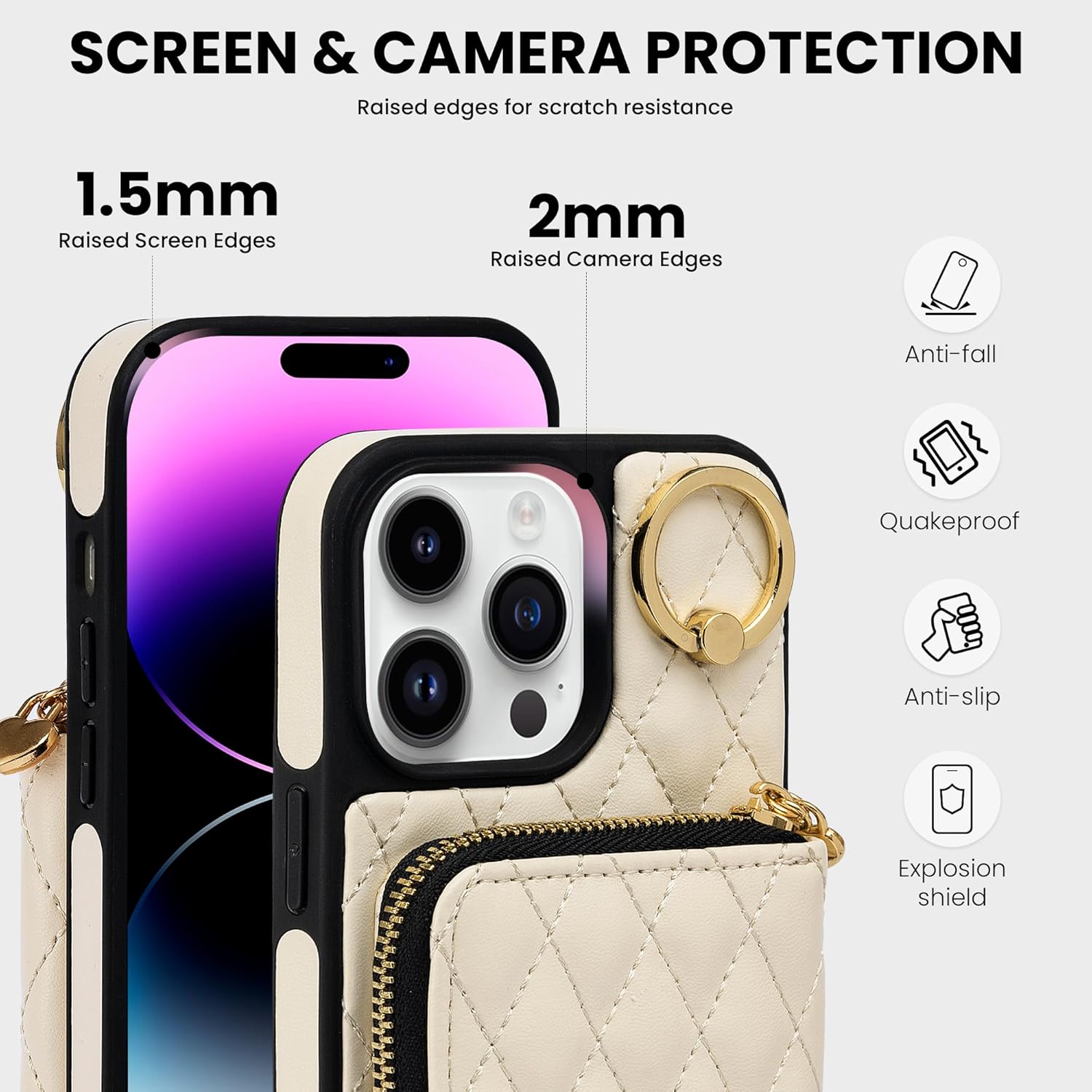 Keallce Funda para iPhone 14 Pro Max de 6.7 pulgadas, cartera cruzada con cremallera para mujer, tarjetero con bloqueo RFID, soporte de cuero con
