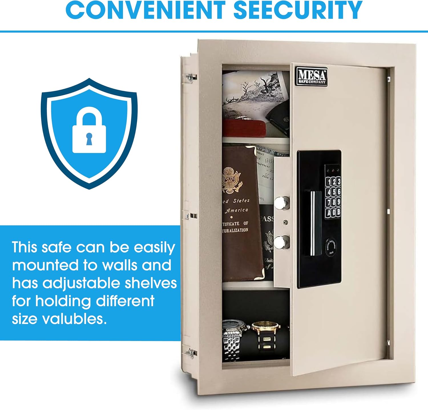 Mesa Safe – Caja fuerte de pared ajustable de acero, 0.3-0.7 pies cúbicos