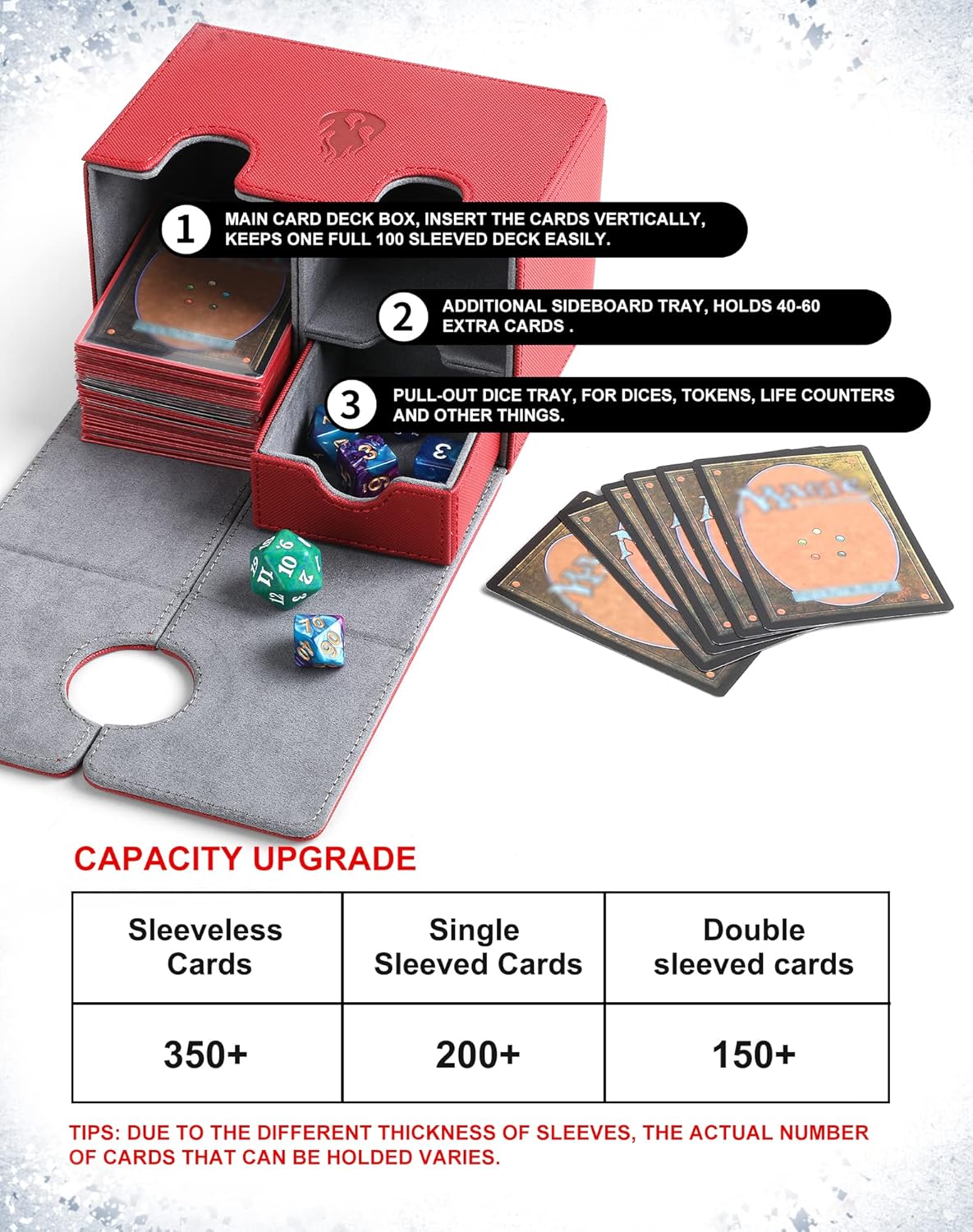 Caja de cartas para MTG Commander Deck, caja de doble cubierta con bandeja de dados con capacidad para más de 200 tarjetas intercambiables, caja de