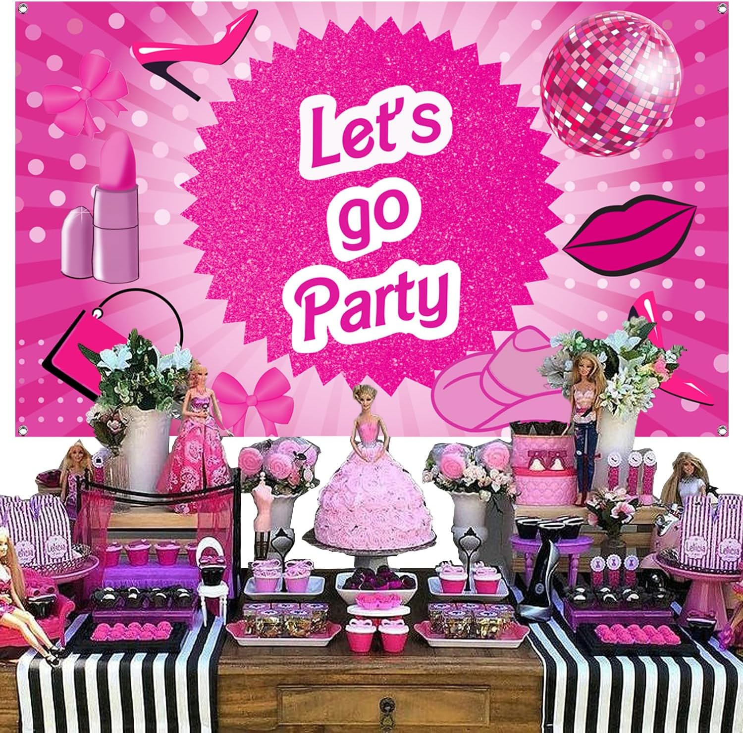 Cartel de fiesta con texto en inglés “Let’s Go” de color rosa intenso, cartel con temática de princesa, marco de fotos, fondo de fotografía para