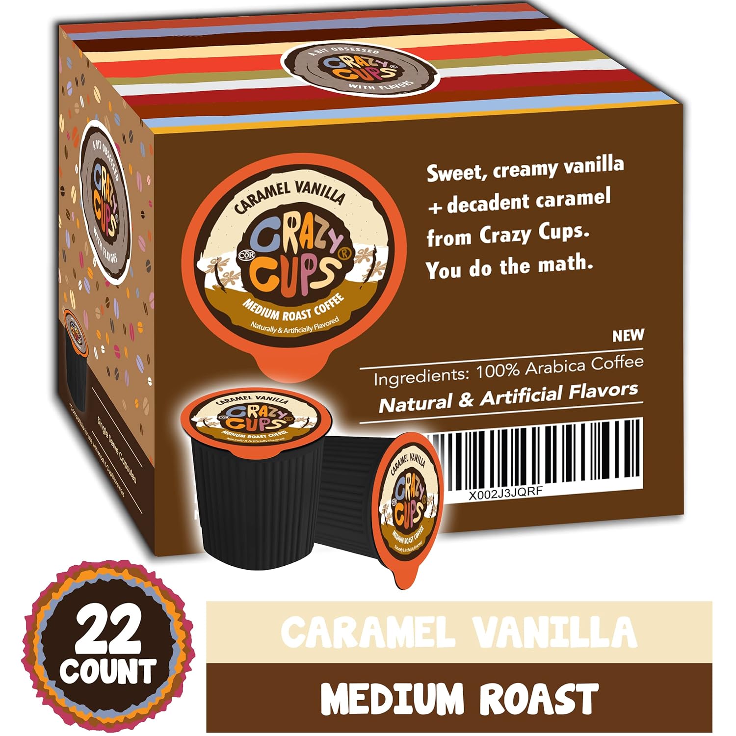 Crazy Cups Cápsulas de café saborizadas, vainilla caramelo, porción única para máquinas Keurig K Cup, tostado medio en cápsulas reciclables, 22