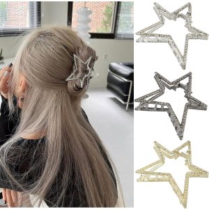 AUOCATTAIL 3 pinzas para el cabello con forma de estrella hueca, clip de tiburón de metal, pinzas antideslizantes de sujeción fuerte para mujeres y AUOCATTAIL 3 pinzas para el cabello con forma de estrella hueca, clip de tiburón de metal, pinzas antideslizantes de sujeción fuerte para mujeres y