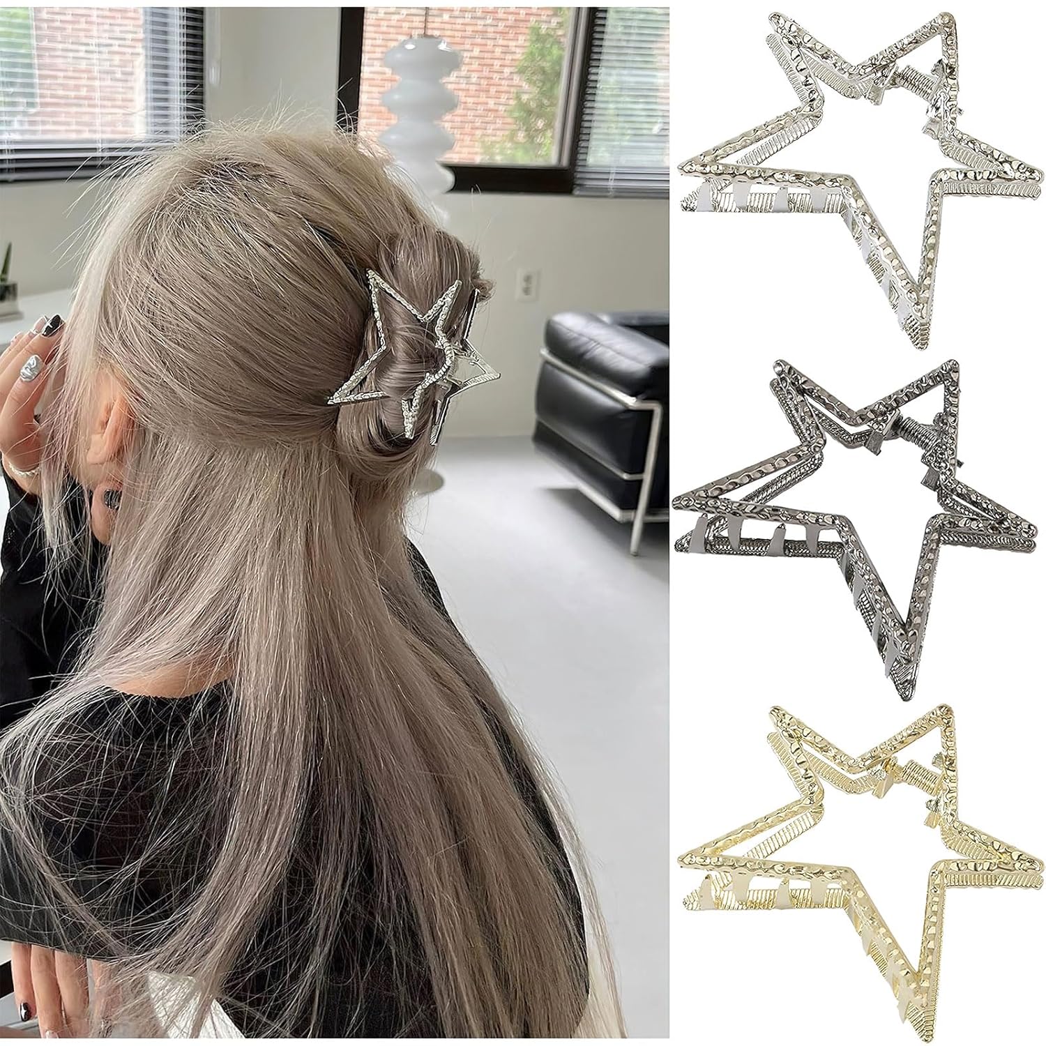 AUOCATTAIL 3 pinzas para el cabello con forma de estrella hueca, clip de tiburón de metal, pinzas antideslizantes de sujeción fuerte para mujeres y