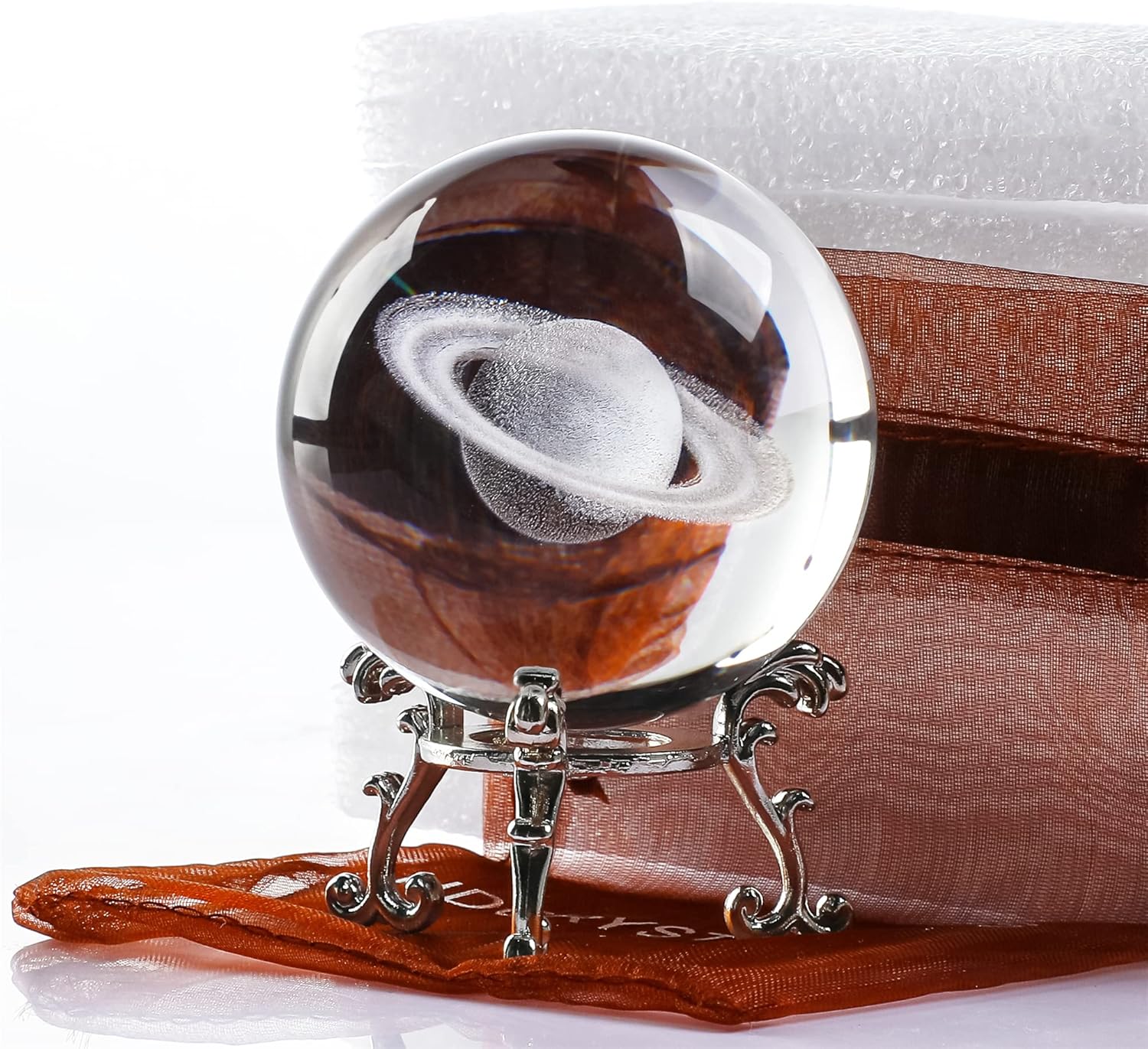 HDCRYSTALGIFTS Bola de cristal Saturno grabada con láser 3D, modelo de universo en miniatura, bola de vidrio planetario, decoración global del