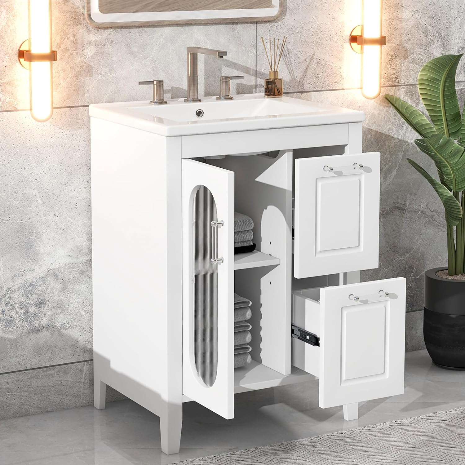 LUMISOL Mueble de baño de 24 pulgadas con fregadero, armario de almacenamiento de baño con 2 cajones y puerta de cierre suave, tocador de baño