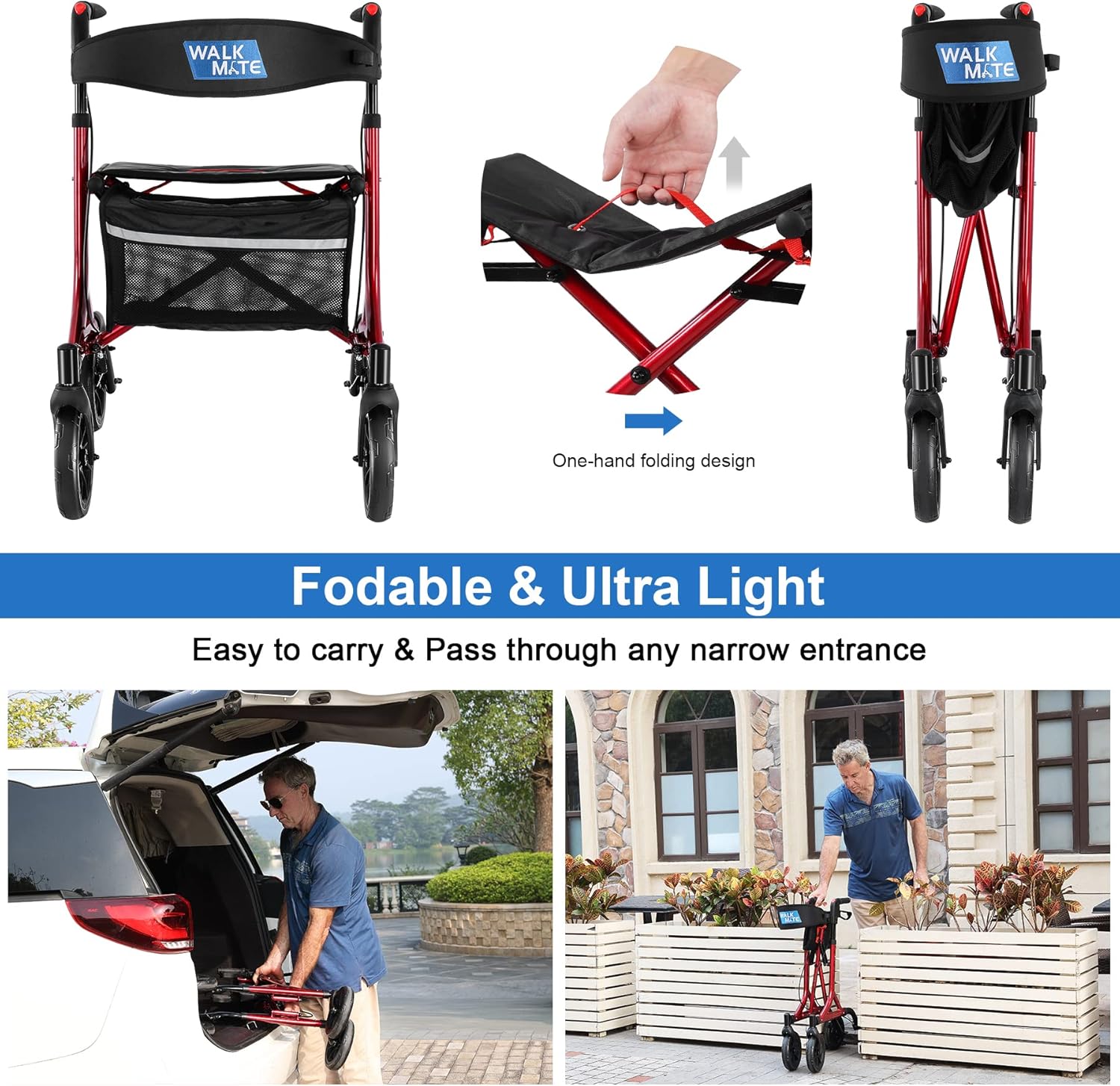 Andador con ruedas para personas mayores con soporte para tazas, botón de presión de pulgar mejorado para ajuste de altura, caminante de 4 x 8