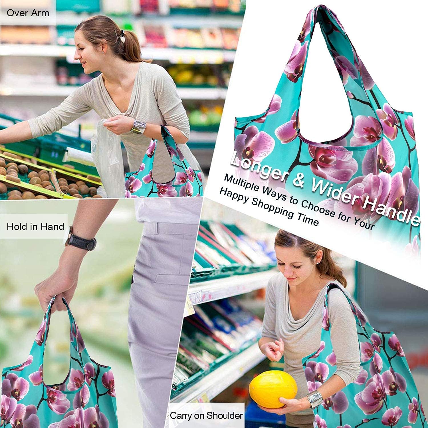 BeeGreen 12 paquetes de bolsas reutilizables de flores, bolsas reutilizables extra grandes de 50 libras, lindo diseño floral, bolsas plegables