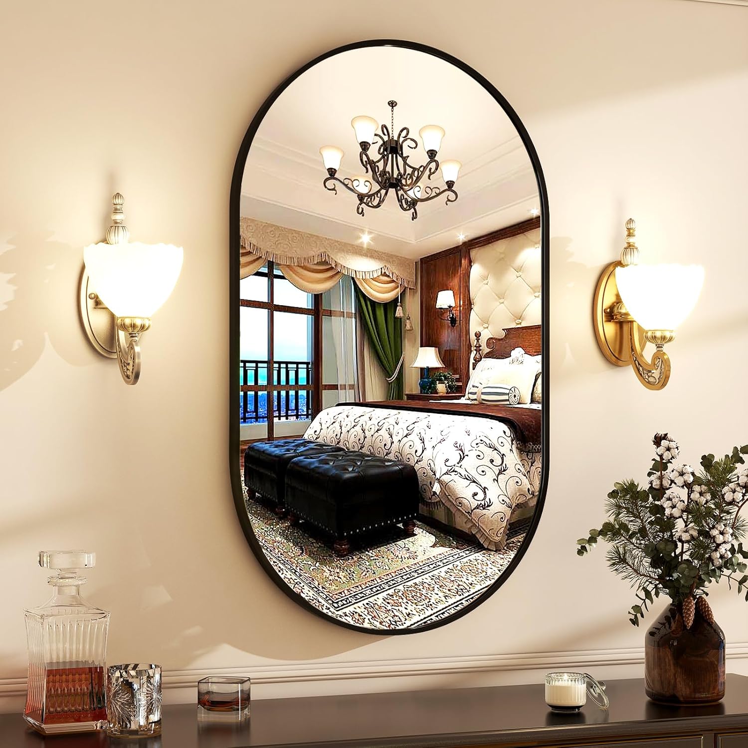 Espejo de baño ovalado de 22 x 38 pulgadas, marco de metal cepillado elegante para colgar vertical y horizontalmente, decoración moderna perfecta