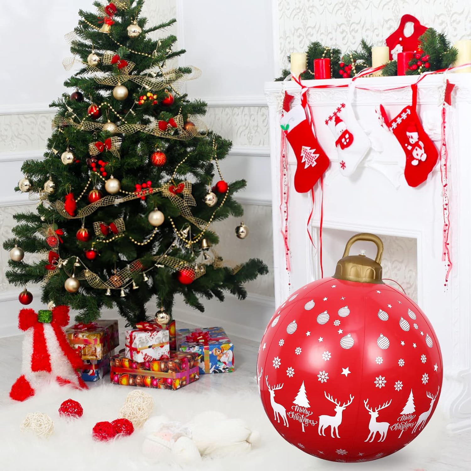 2 bolas inflables de Navidad de 24 pulgadas, decoración de PVC de color rojo con texto en inglés “Merry Christmas” para exteriores, extra grande,