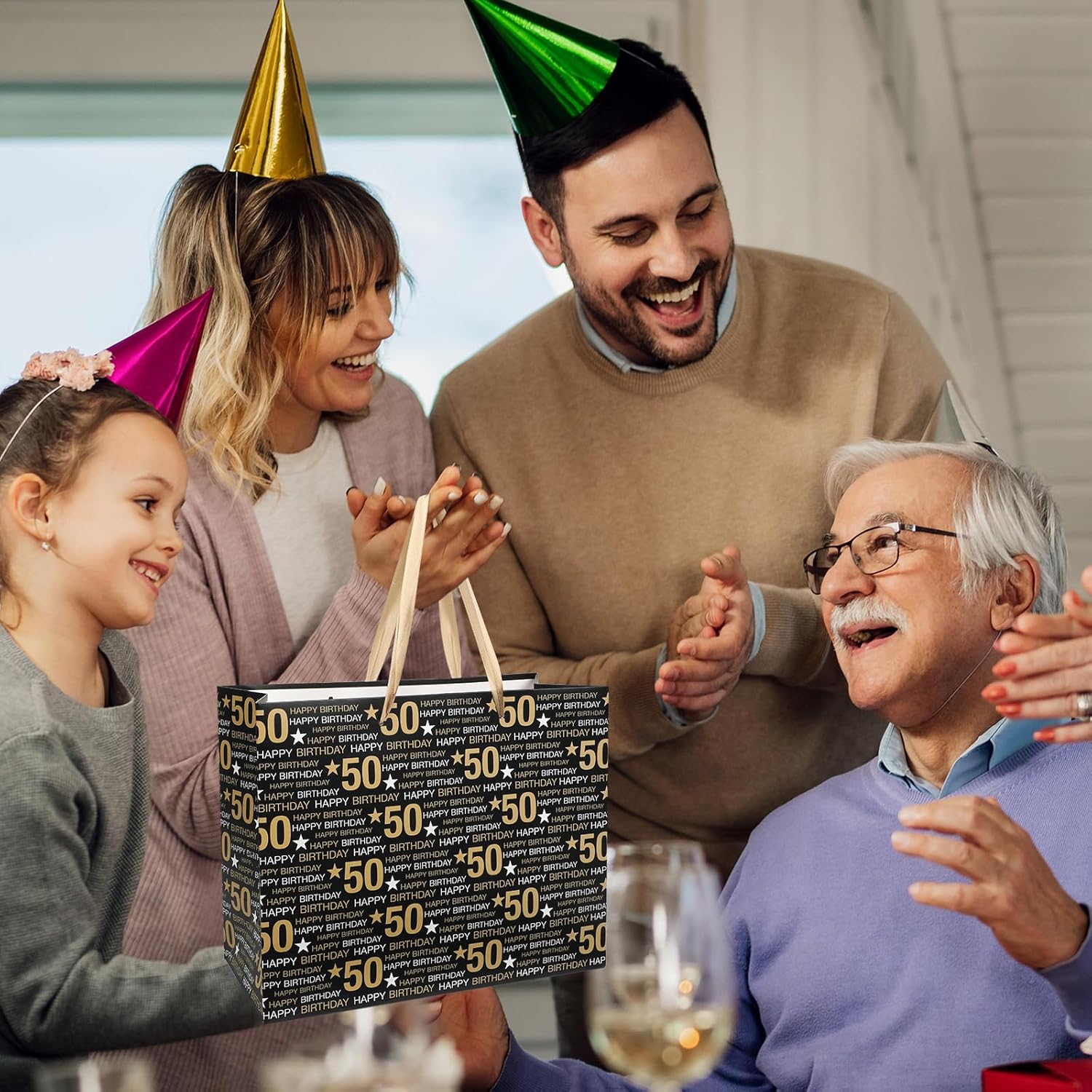 RUMIA Bolsa de regalo de cumpleaños número 50, bolsa de regalo de cumpleaños 50 con papel de seda y tarjeta, bolsas de regalo de papel kraft de 50