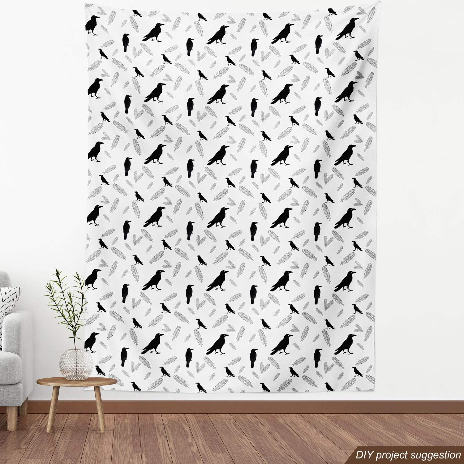Ambesonne The Yard, tela de cuervo negro de The Yard, diseño de pájaros estilo silueta y contorno de plumas dibujadas, tela decorativa para