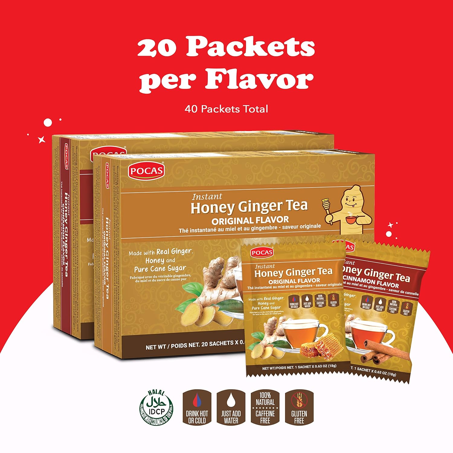 Pocas Honey Ginger Tea – Paquete variado de té instantáneo en polvo, té de cristales de miel de jengibre, sabores originales y canela, té sin OMG,