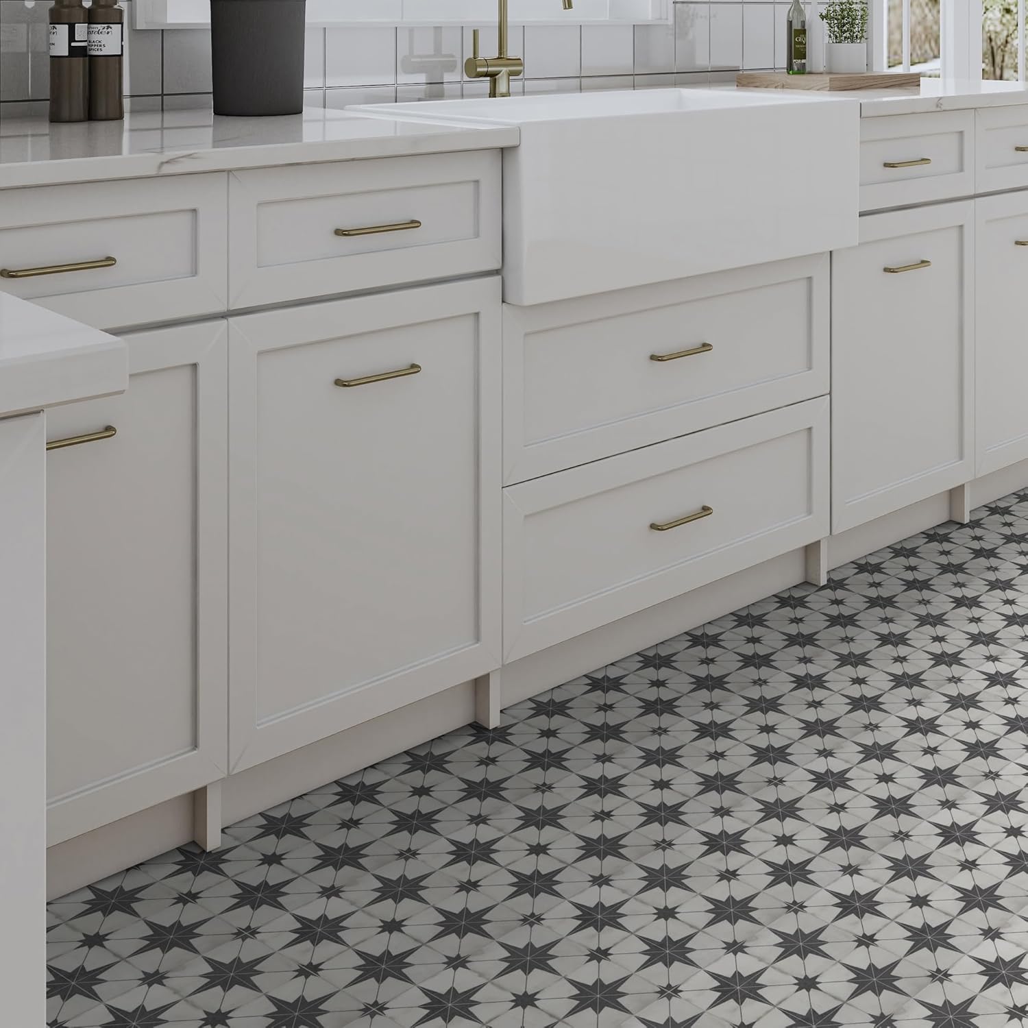 Azulejo de suelo y pared para baño y cocina. Azulejo autoadhesivo de vinilo SPC. Azulejo de salpicaduras de lechada con patrón encáustico de