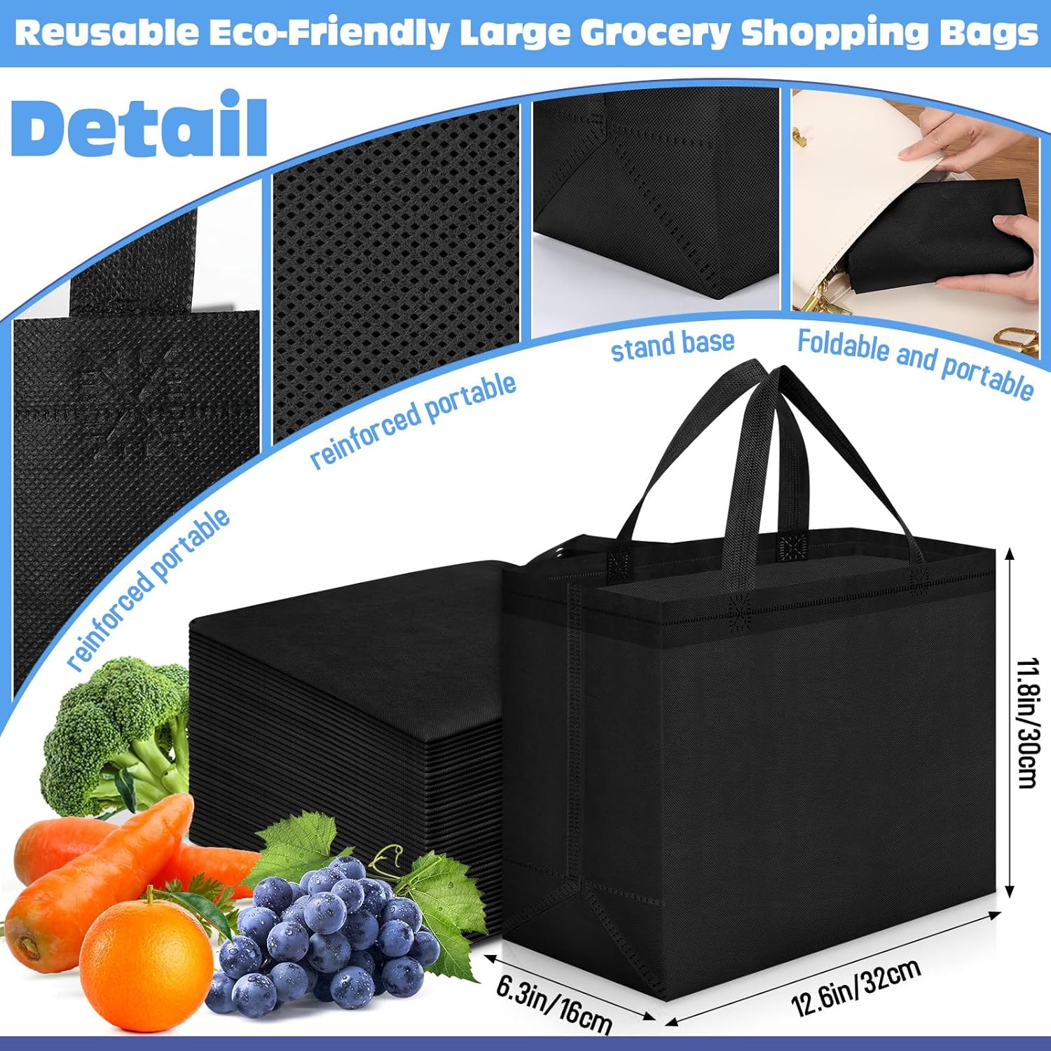 200 bolsas de comestibles reutilizables de 12.6 x 11.8 x 6.3 pulgadas, grandes bolsas de compras no tejidas plegables y portátiles a granel