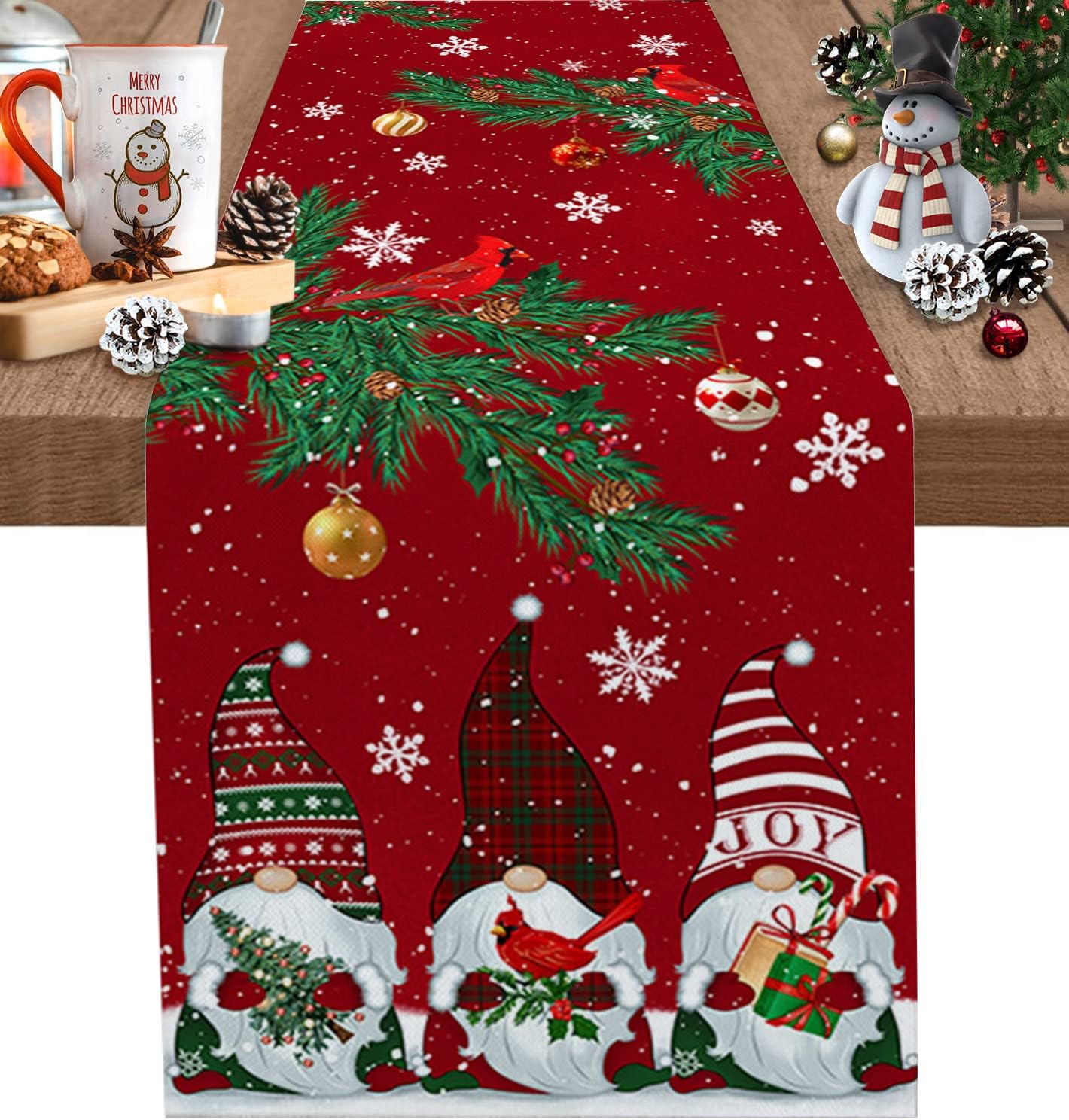 Camino de mesa rojo de Navidad de 36 pulgadas de largo, gnomos de Navidad, cardenales, de algodón, lino, decoración de mesa de comedor para bodas,