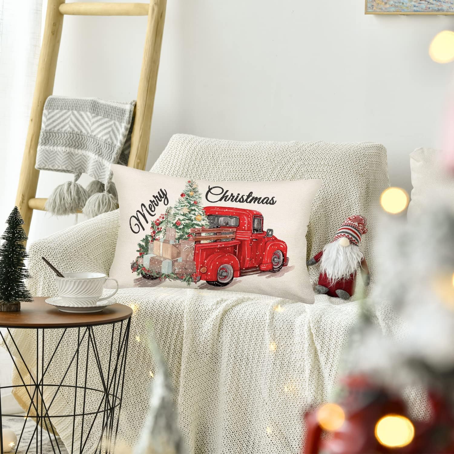 Funda de cojín decorativa de algodón y lino con diseño de camión rojo con árbol de Navidad, regalo de Feliz Navidad, 12 x 20 pulgadas, diseño de