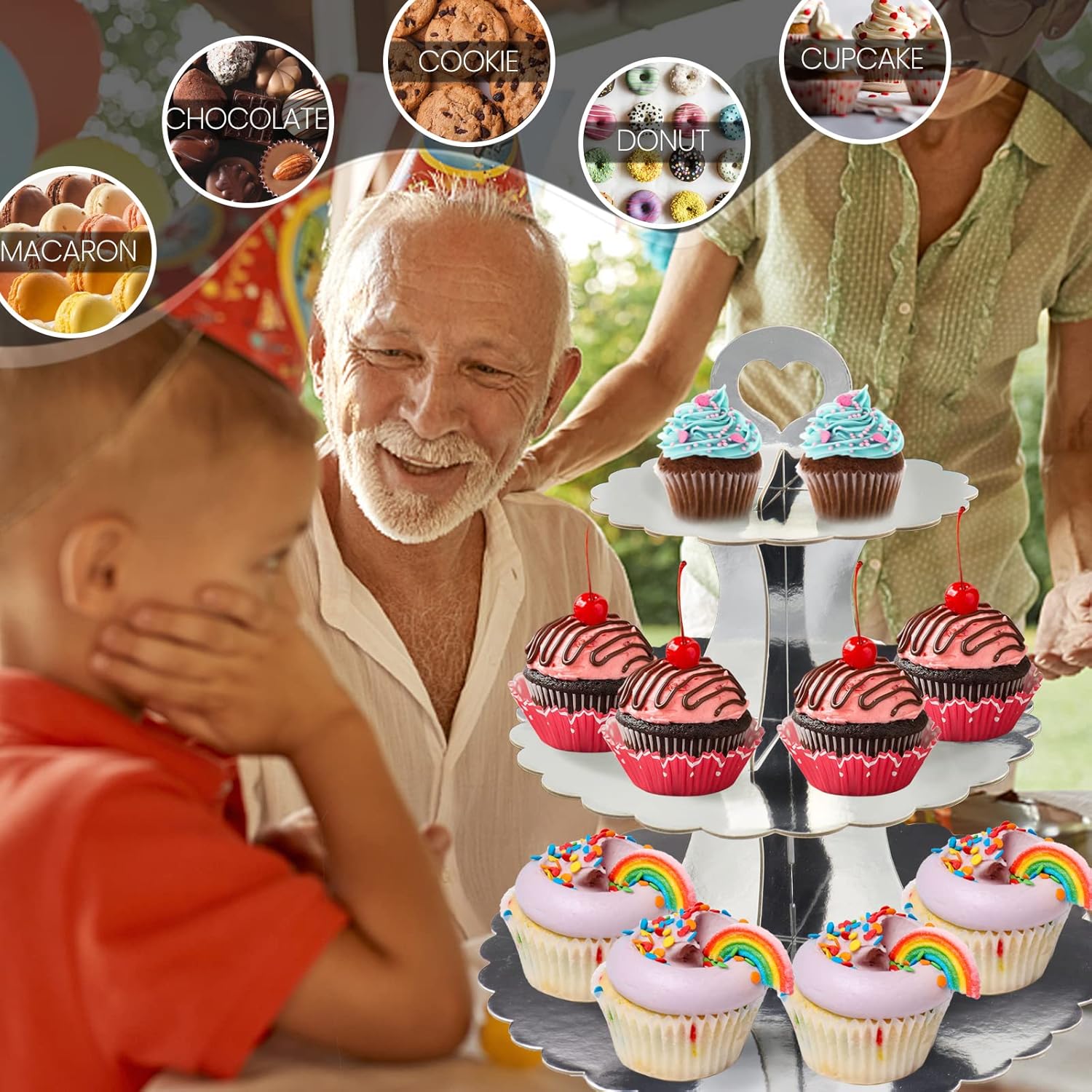 Soporte de torre para cupcakes, 2 unidades, soporte plateado para cupcakes, soporte de 3 niveles para 24 cupcakes, soporte de cartón para tartas,