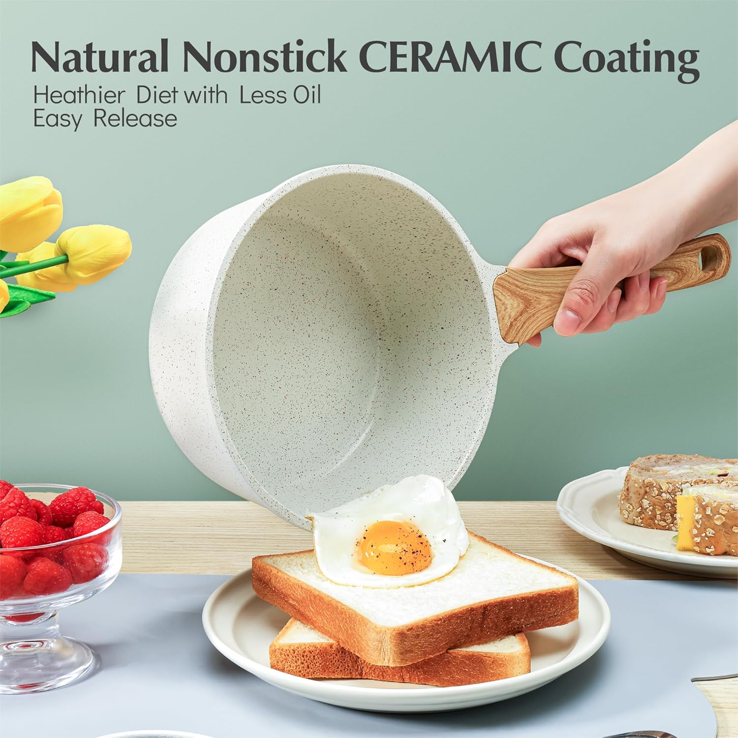 SENSARTE Cacerola antiadherente de cerámica blanca con tapa, juego de 2+2.5 cuartos de galón, olla mediana con mango Stay Cool, cacerola compatible