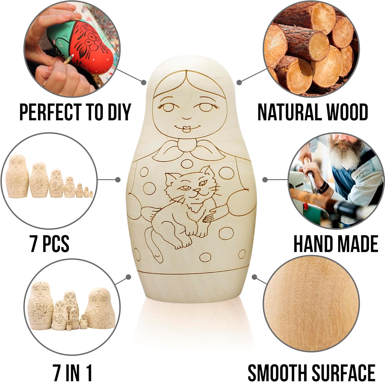 AEVVV Juego de 7 muñecas rusas en blanco para pintar – Artesanías de madera para pintar tu propio Matryoshka – Artesanías de madera sin terminar –