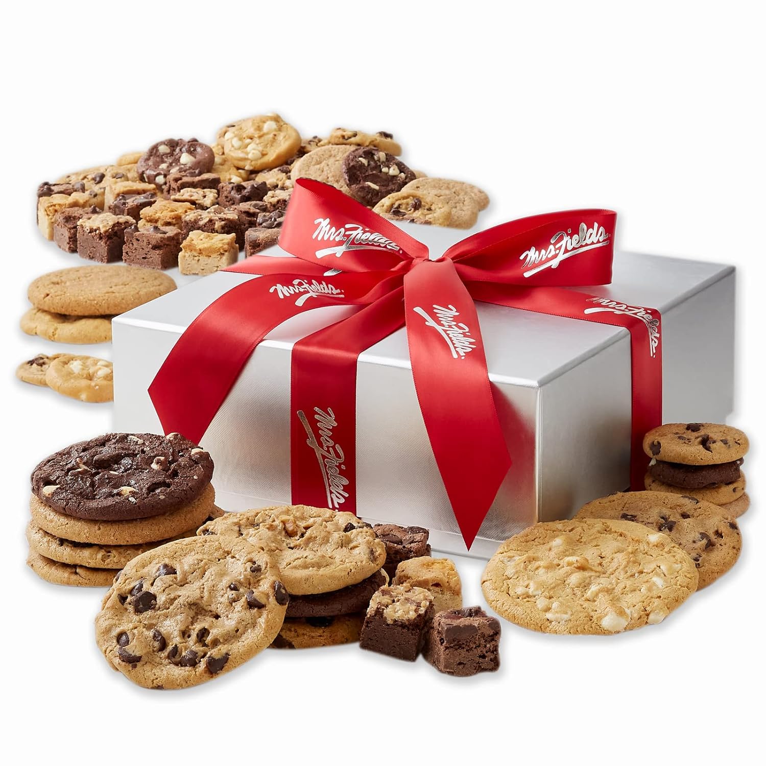 Mrs. Fields – Caja de galletas plateada, surtido con 36 galletas Nibblers tamaño bocado, 24 bocadillos de brownie y 12 galletas originales (72