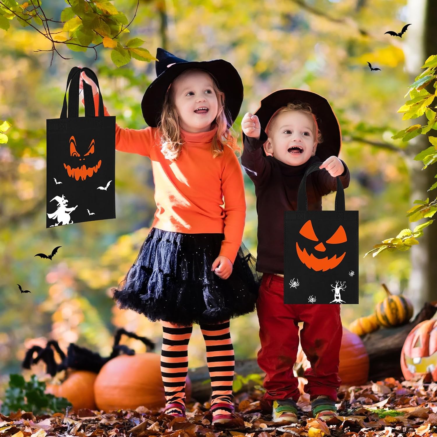 Toulite Paquete de 24 bolsas no tejidas de Halloween con asa a granel, reutilizables, bolsas de regalo de dulce o truco, calabaza, fantasma, araña,