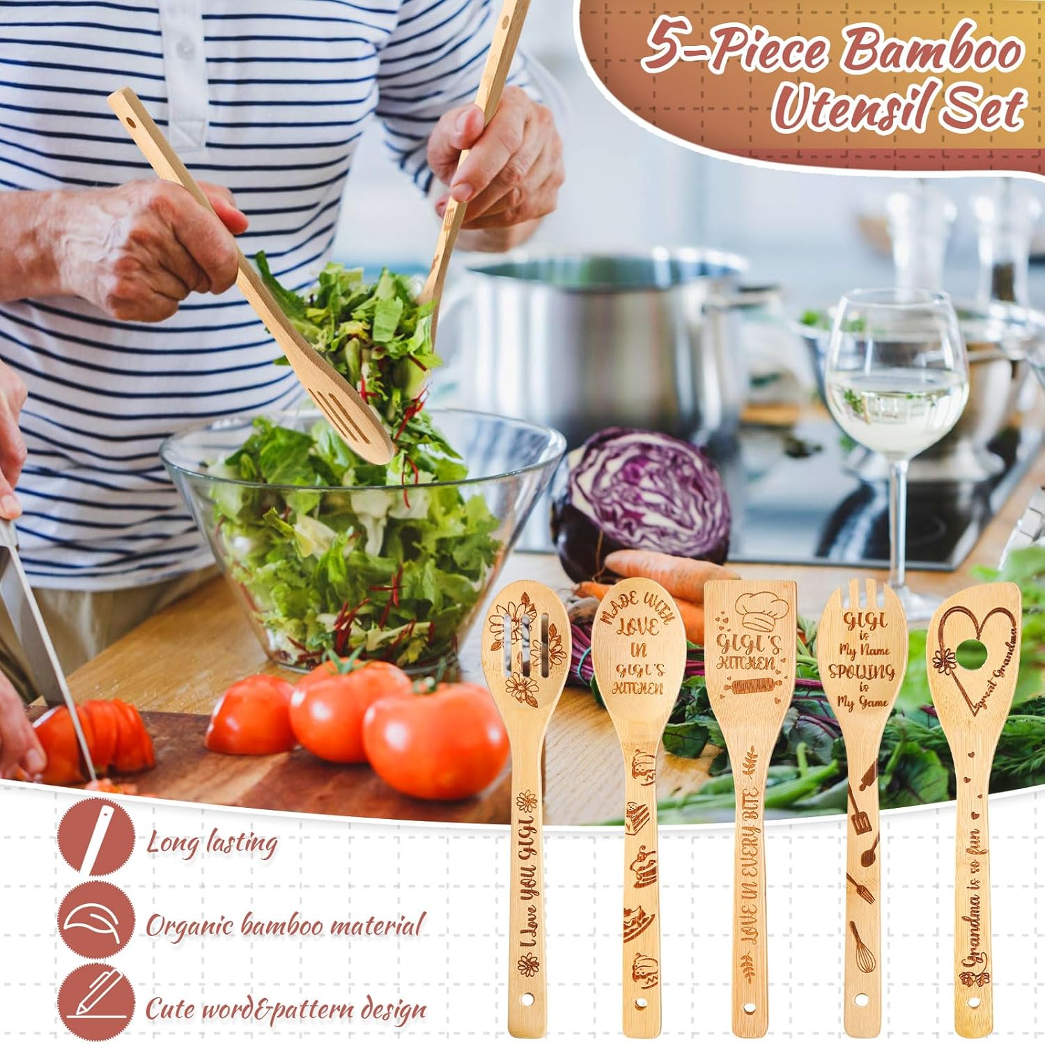 Juego de 10 piezas de regalo de cocina Mimi que incluye delantal de cocina de algodón, manoplas de horno, soporte para ollas de bambú, espátula de