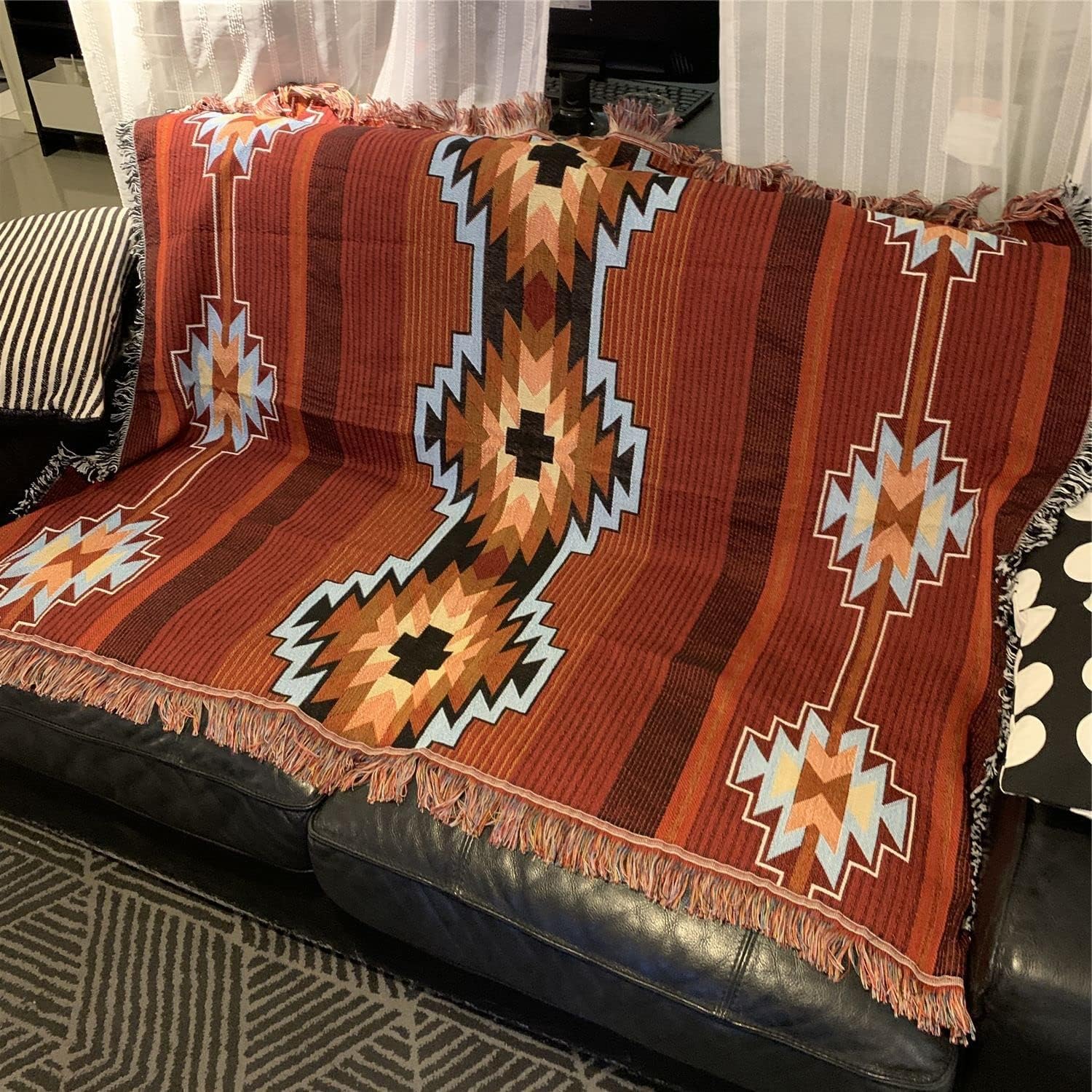 CCHYF Manta azteca roja de nativos americanos, decoración bohemia del suroeste, reversible, con borlas tejidas, mantas y mantas mexicanas para sofá,
