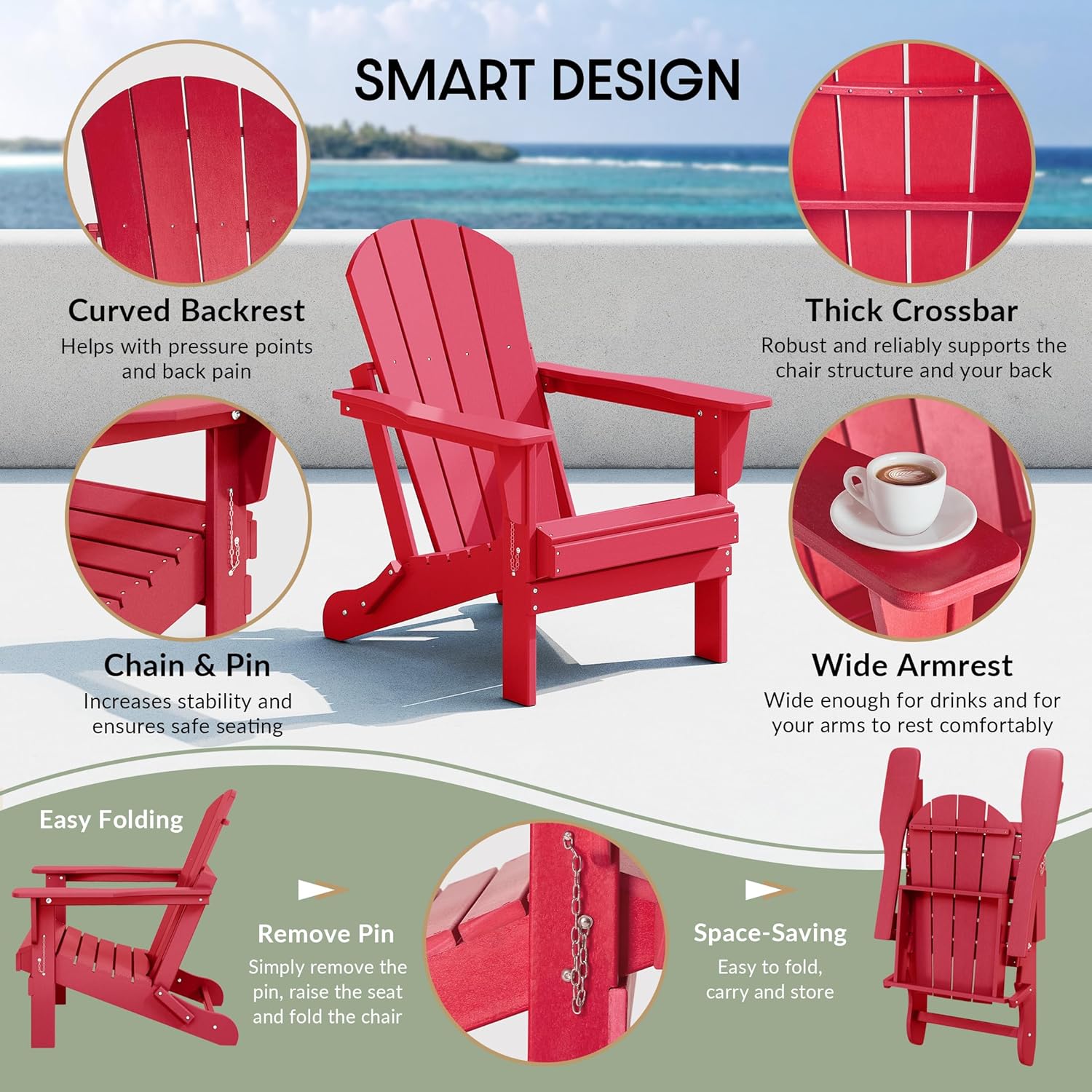 WestinTrends Malibu – Juego de 2 sillas Adirondack plegables de polietileno para exteriores, color rojo