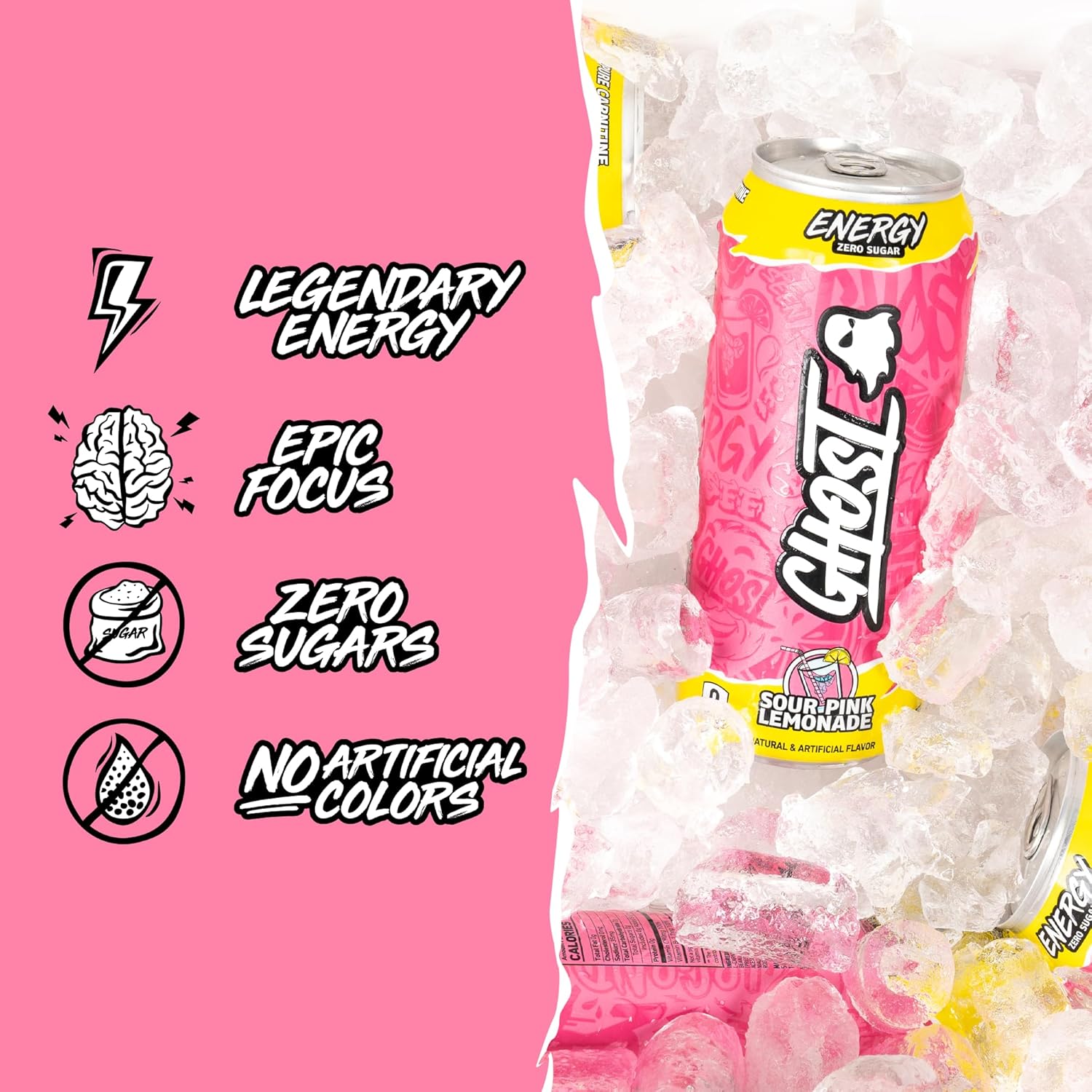 GHOST ENERGY – Bebida energética sin azúcar, paquete de 12, limonada rosa agria, latas de 16 onzas, energía y enfoque y sin colores artificiales,