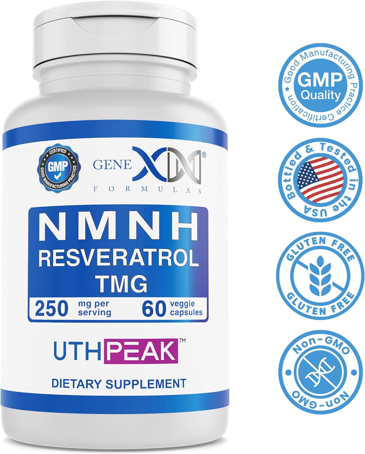 GENEX 250mg NMNH + Resveratrol + TMG (60 cápsulas – 30 porciones)  NMNH (mononucleótido de dihidronicinamida) + 98% de resveratrol + TMG para un