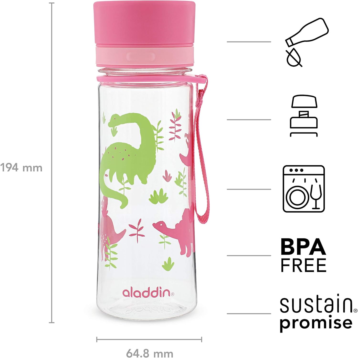 Aladdin My First Aveo – Botella de agua para niños de 0.35 L con gráficos rosados, a prueba de fugas, amplia apertura para un fácil llenado, sin