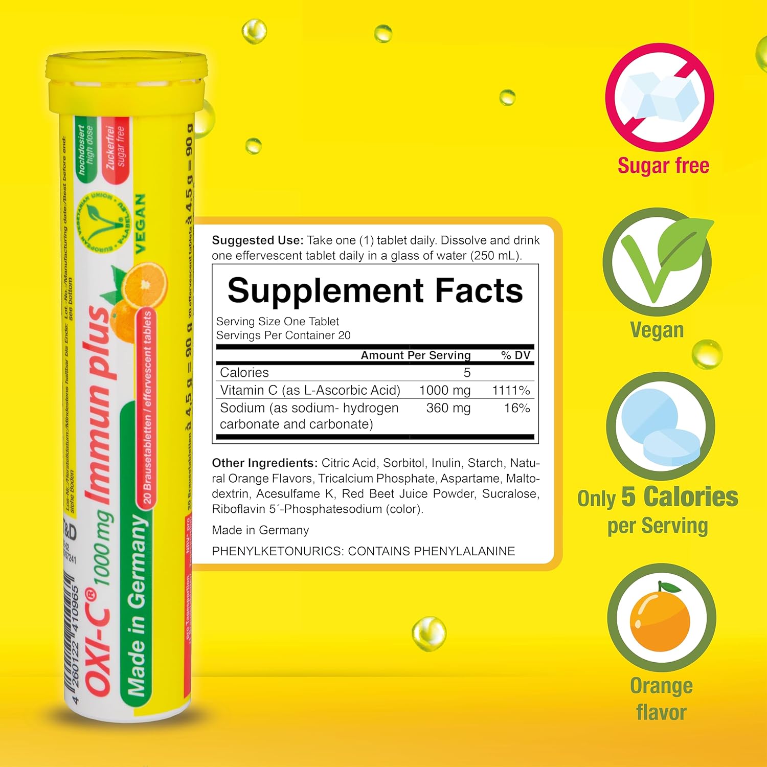 T&D Oxi C 1000 mg de vitamina C – 100 tabletas efervescentes de bebida vegana – Sabor naranja – Hecho en Alemania