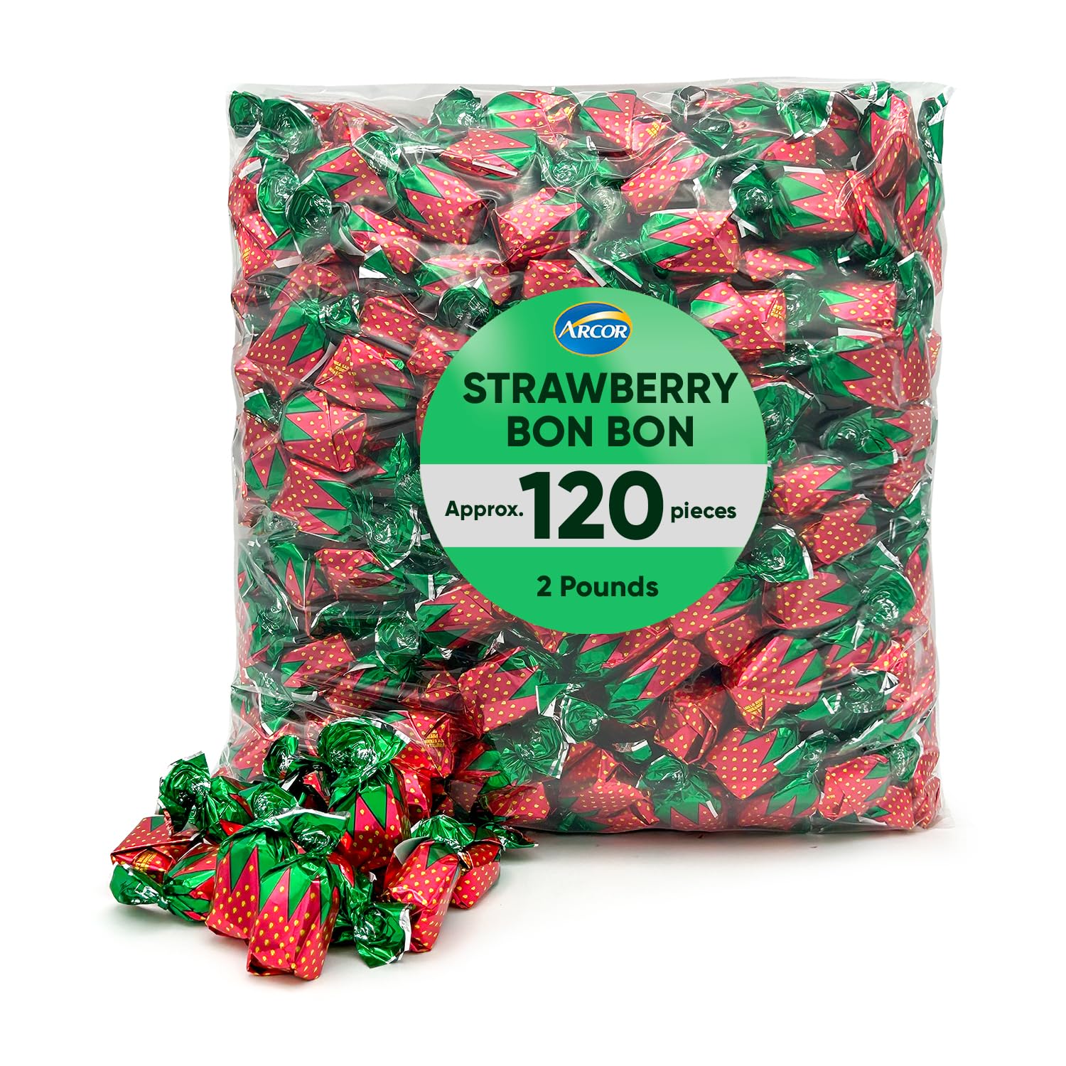 Arcor Bon Bons Candy rellenos de fresa, 2 libras aproximadamente, 120 piezas de caramelos duros con sabor a fruta, dulces de Navidad a granel