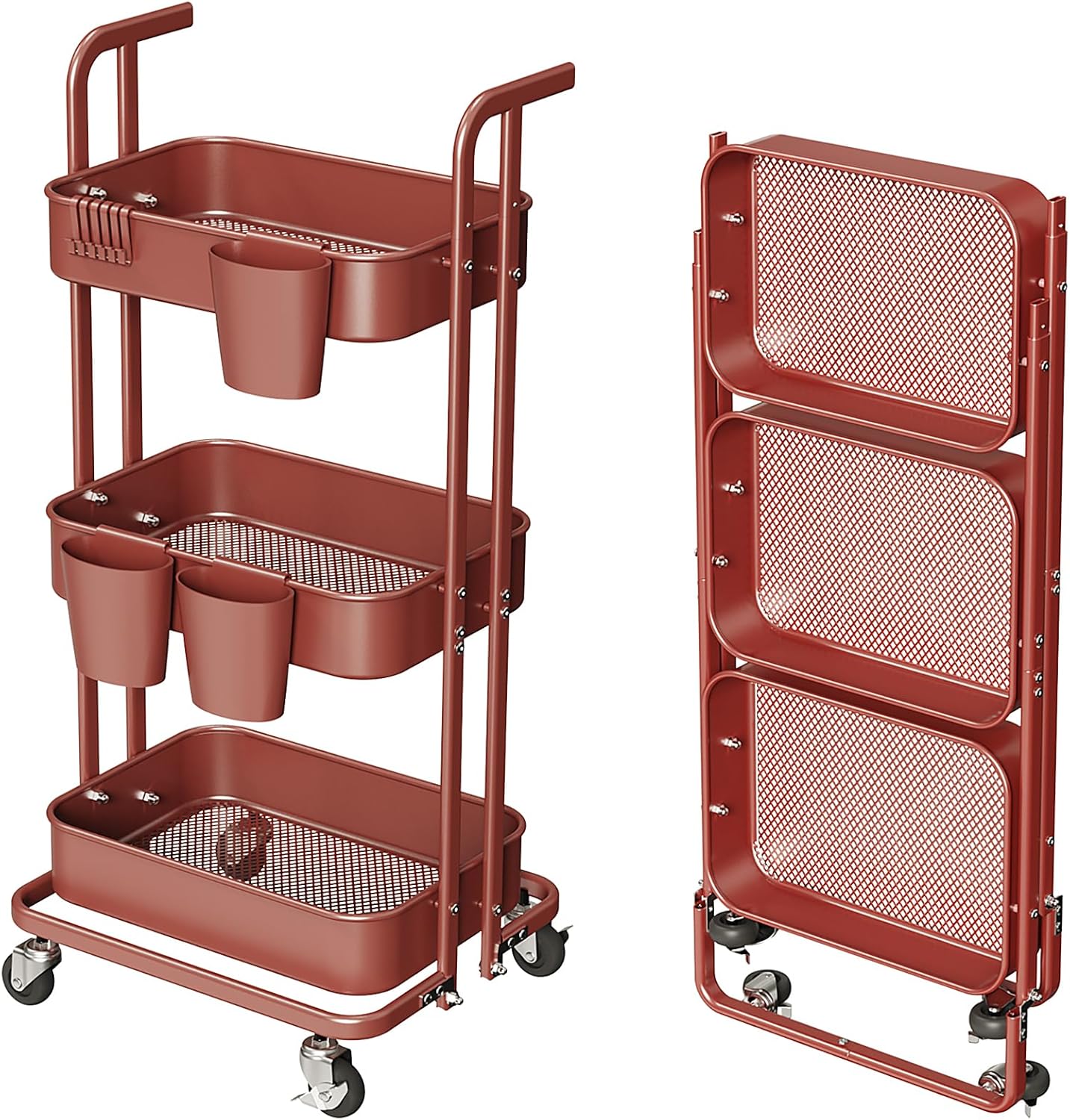 Carrito plegable de 3 niveles, carrito de metal con ruedas, 3 tazas colgantes y 6 ganchos, carrito plegable para sala de estar, cocina, baño,