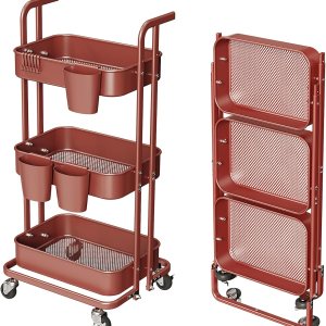 Carrito plegable de 3 niveles, carrito de metal con ruedas, 3 tazas colgantes y 6 ganchos, carrito plegable para sala de estar, cocina, baño, Carrito plegable de 3 niveles, carrito de metal con ruedas, 3 tazas colgantes y 6 ganchos, carrito plegable para sala de estar, cocina, baño,