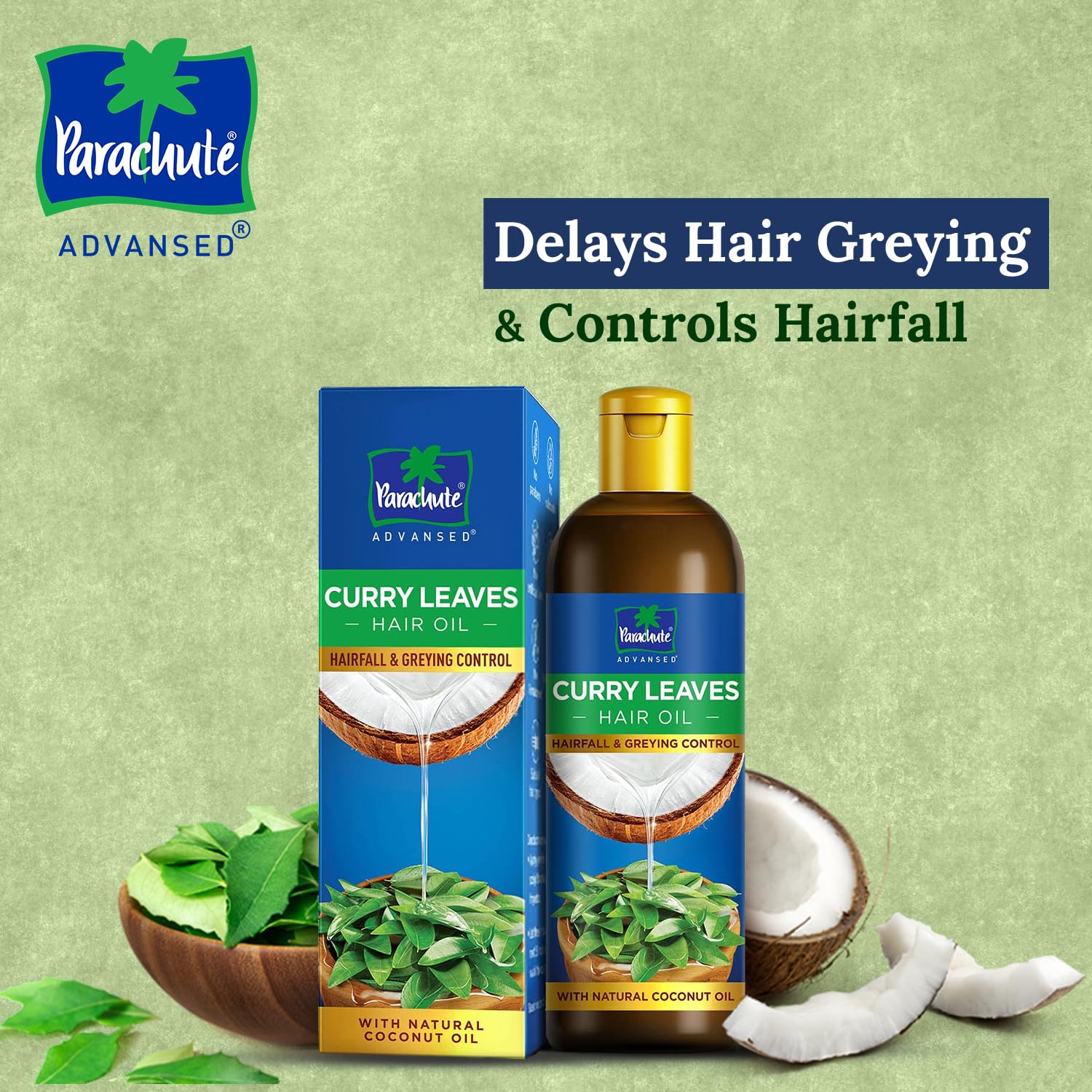 Parachute Advansed Aceite para el cabello con hojas de curry con aceite de coco natural y vitamina E, reduce la caída del cabello y retrasa el