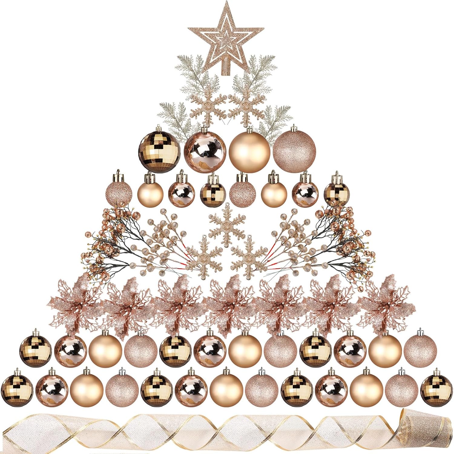 Juego de decoración para árbol de Navidad de 94 piezas, adornos, flores, bayas, tallos, para decoración navideña (dorado champán)