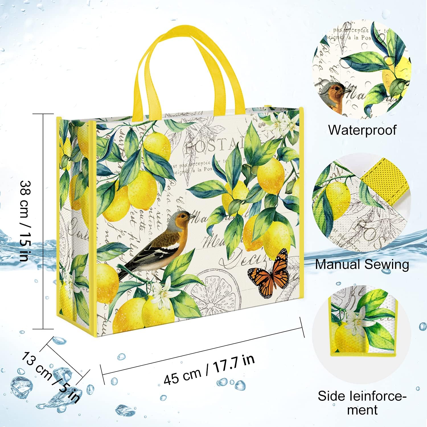 NymphFable Paquete de 5 bolsas de compras reutilizables con limones, pájaros, mariposas, lavables, bolsas de tela