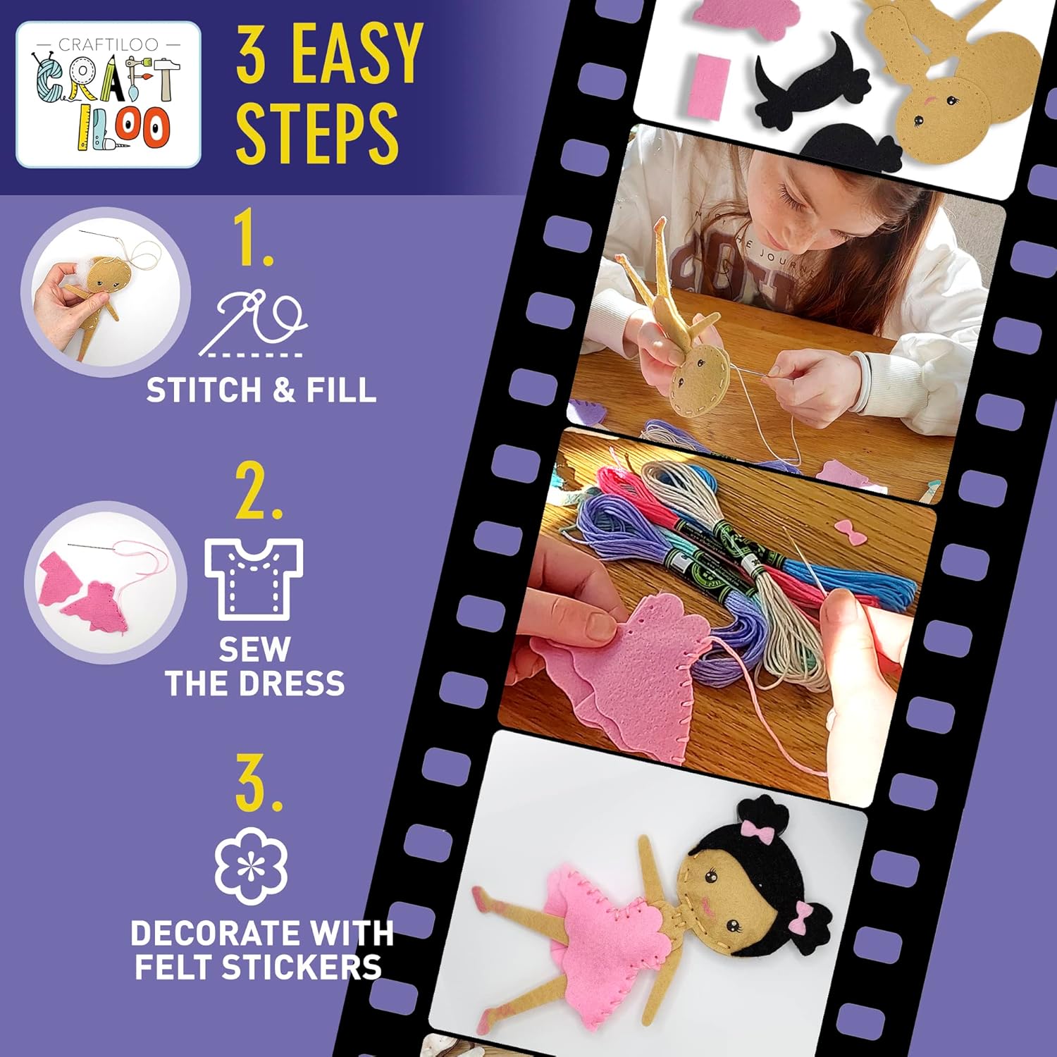 CRAFTILOO Kit de costura de bailarinas para niños, juego de manualidades divertido y educativo para niños y niñas de 5 a 12 años, coser tu propio