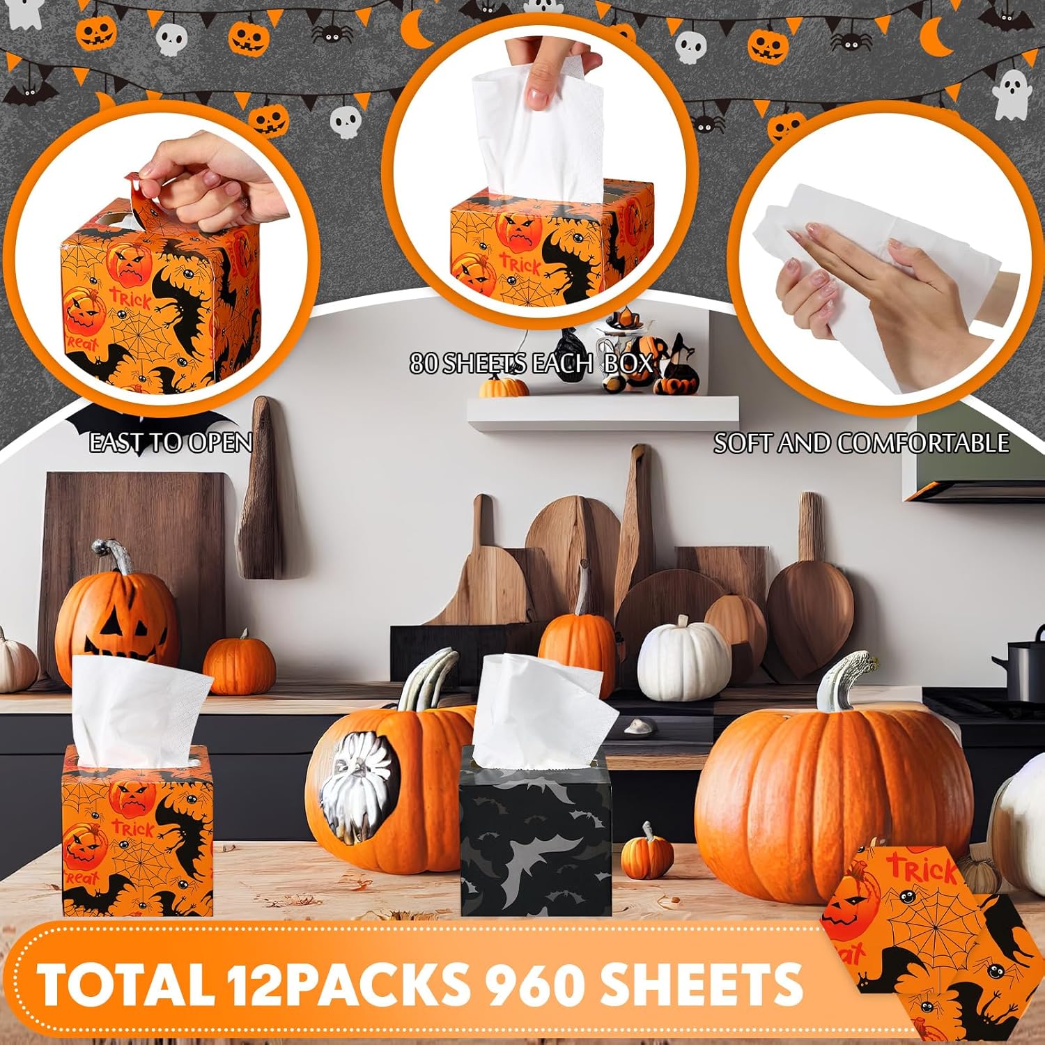 Paquete de 12 pañuelos de Halloween en forma de cubo, pañuelos faciales de 2 capas, pañuelos de viaje suaves para Halloween, caja de pañuelos