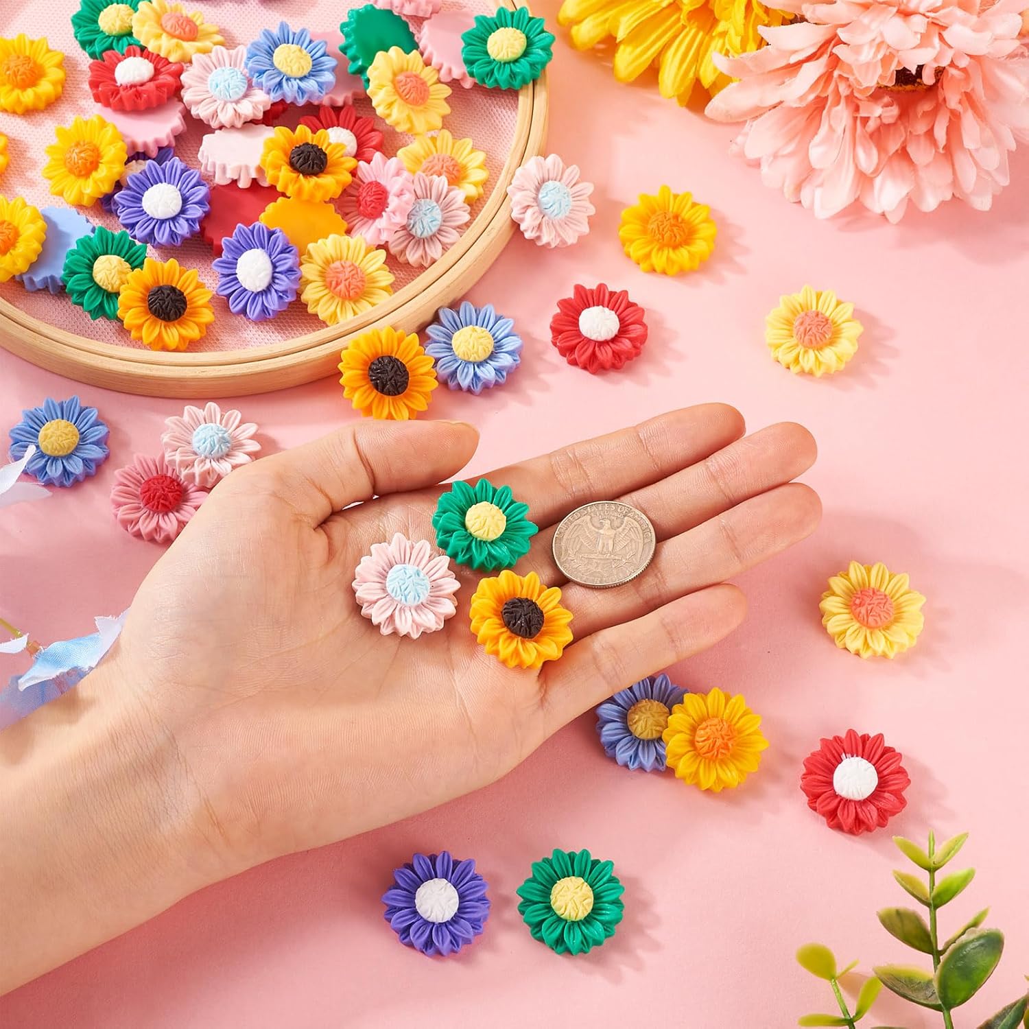 Resin Sunflower Cabochons Flower Daisy Flatback Charms Orange Flower Embellishment for Phone Case Shoe Hairpin Sunglasses Headwear Scrapbooking