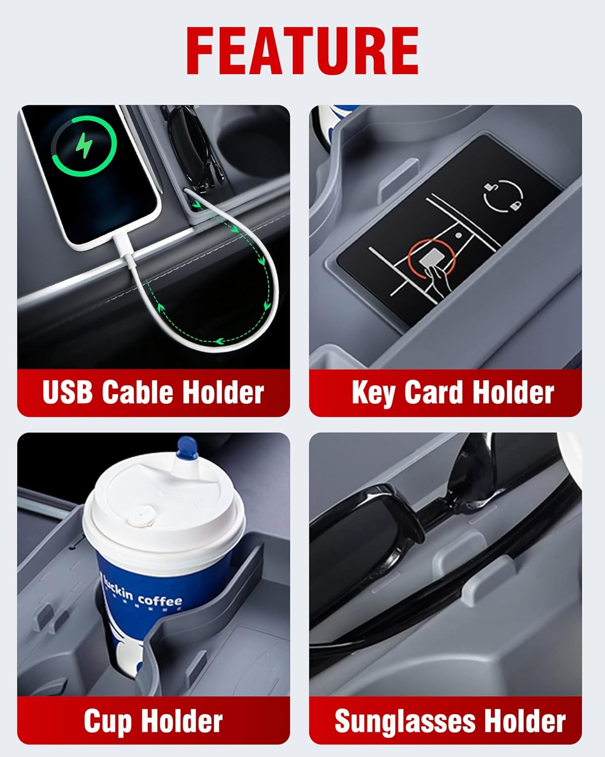 Portavasos para Tesla Modelo 3 Modelo Y Accesorios 2021-2023 Consola central Organizador de cables de datos USB, tarjeta de llave, soporte para