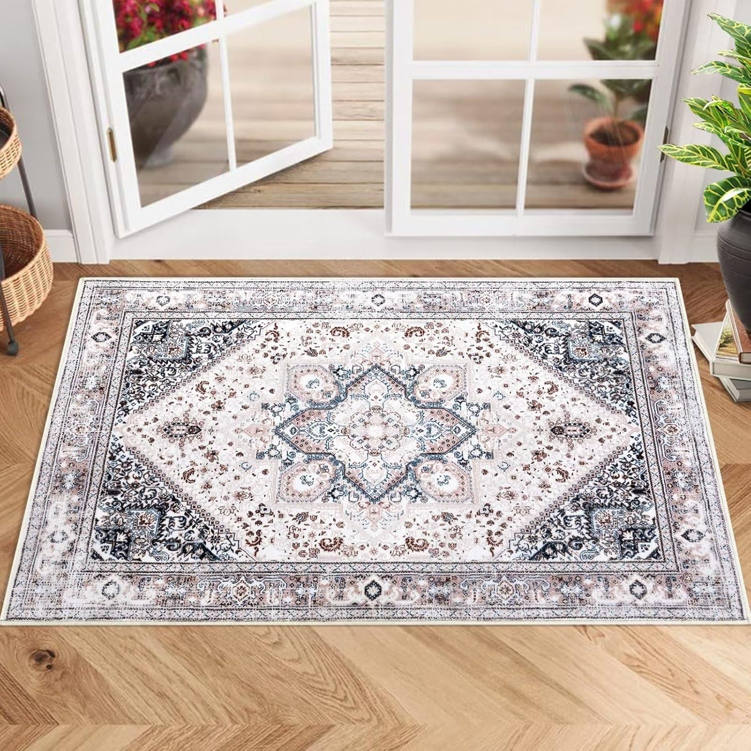 COZYLOOM Tapete vintage de 2 x 3 pulgadas, tapete para puerta delantera, entrada, tapete pequeño con diseño floral oriental, lavable,