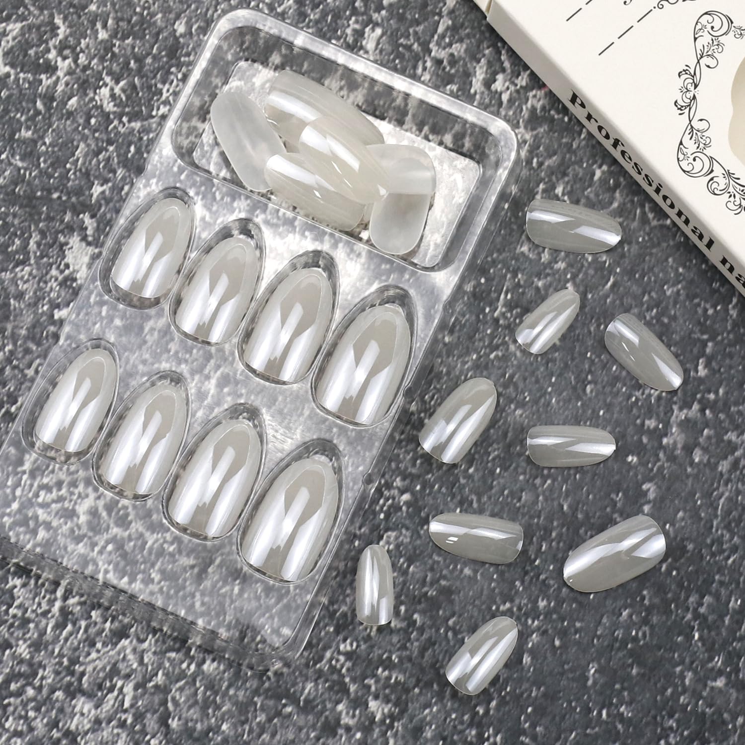 Uñas postizas ovaladas con láser a presión, color blanco, diseño de aurora, uñas postizas artificiales para mujeres y niñas, uñas adhesivas para