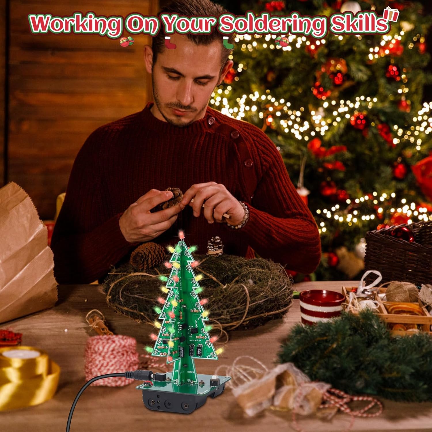 IS Icstation – Proyecto de soldadura de árbol de Navidad, kit de soldadura de árbol de Navidad 3D con luces LED intermitentes, práctica de soldadura