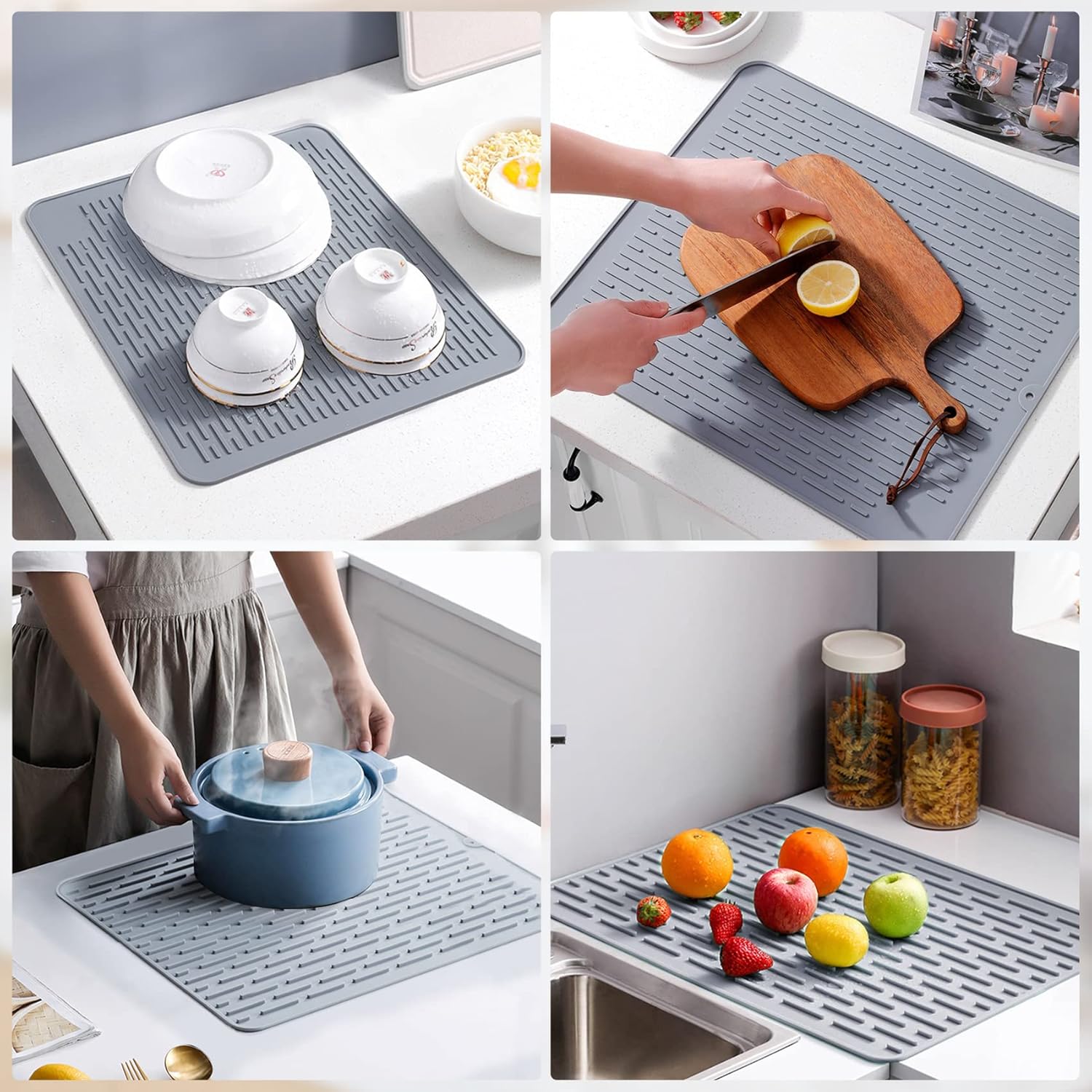 Tapete de secado de silicona, 18 x 16 pulgadas, tapete escurridor de platos grande para encimera de cocina, soporte para ollas calientes resistente