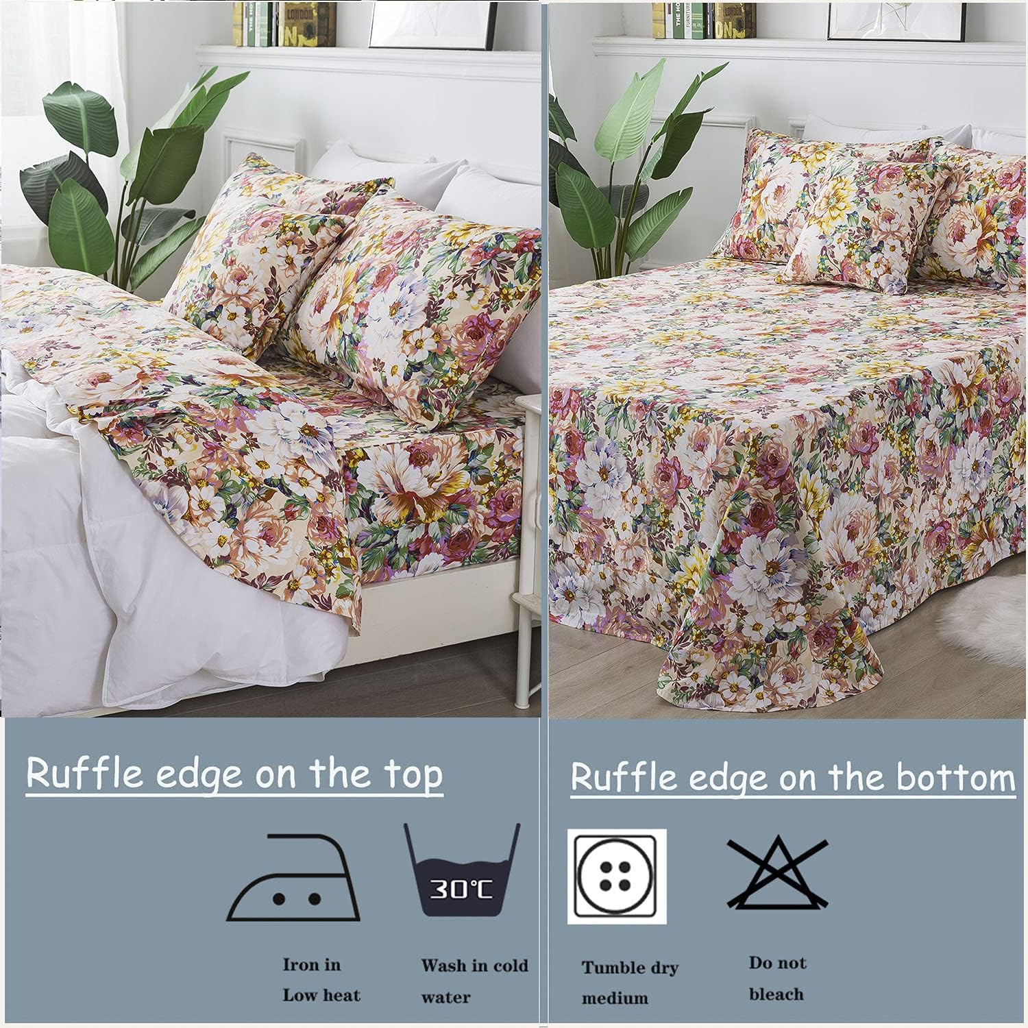 FADFAY Juego de sábanas vintage con diseño floral, tamaño matrimonial, 4 piezas, 100% algodón, suave, estilo francés, estilo rural, jardín, flores,